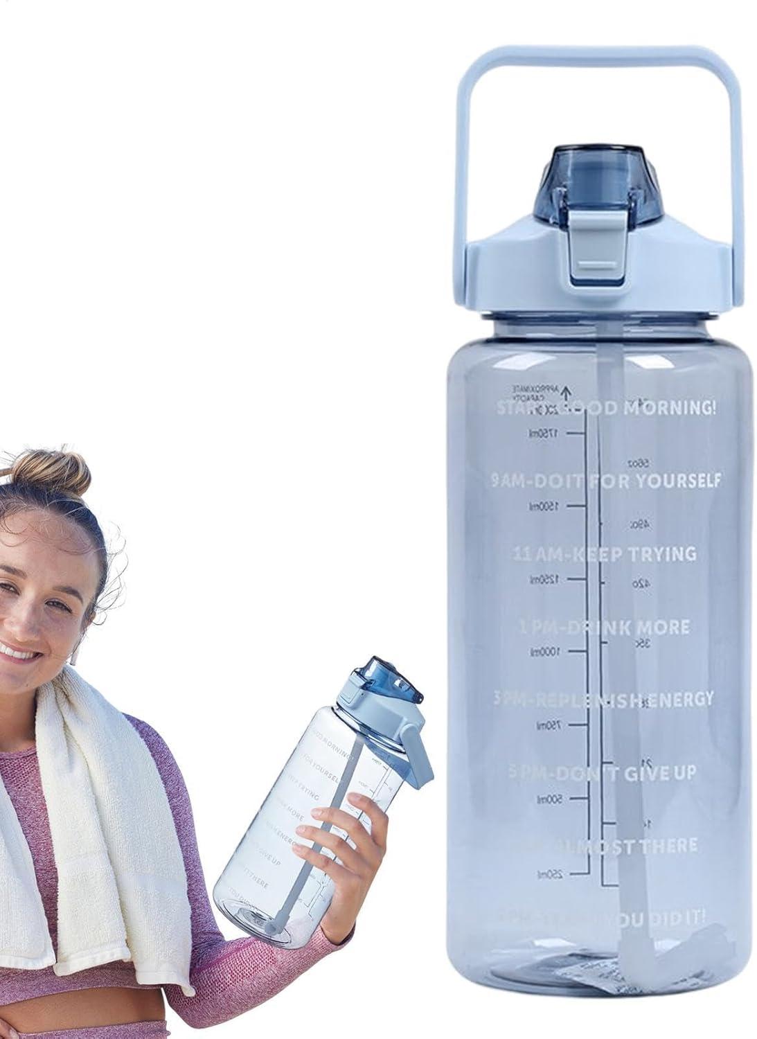 image:imageBouteille Sportive Bouteille Deau Portable en Plastique de Grande Capacit de 2 L Avec Paille et Graduation tanche Boissons Bouteille Bouteille Deau pour CoureursNoirBleu