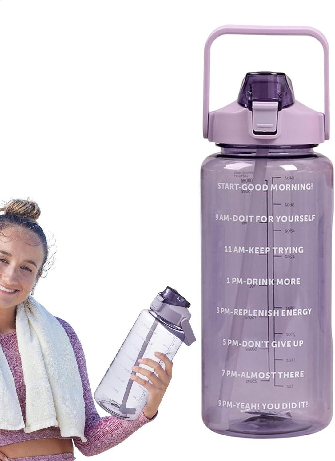 image:imageBouteille Sportive Bouteille Deau Portable en Plastique de Grande Capacit de 2 L Avec Paille et Graduation tanche Boissons Bouteille Bouteille Deau pour CoureursNoirViolet