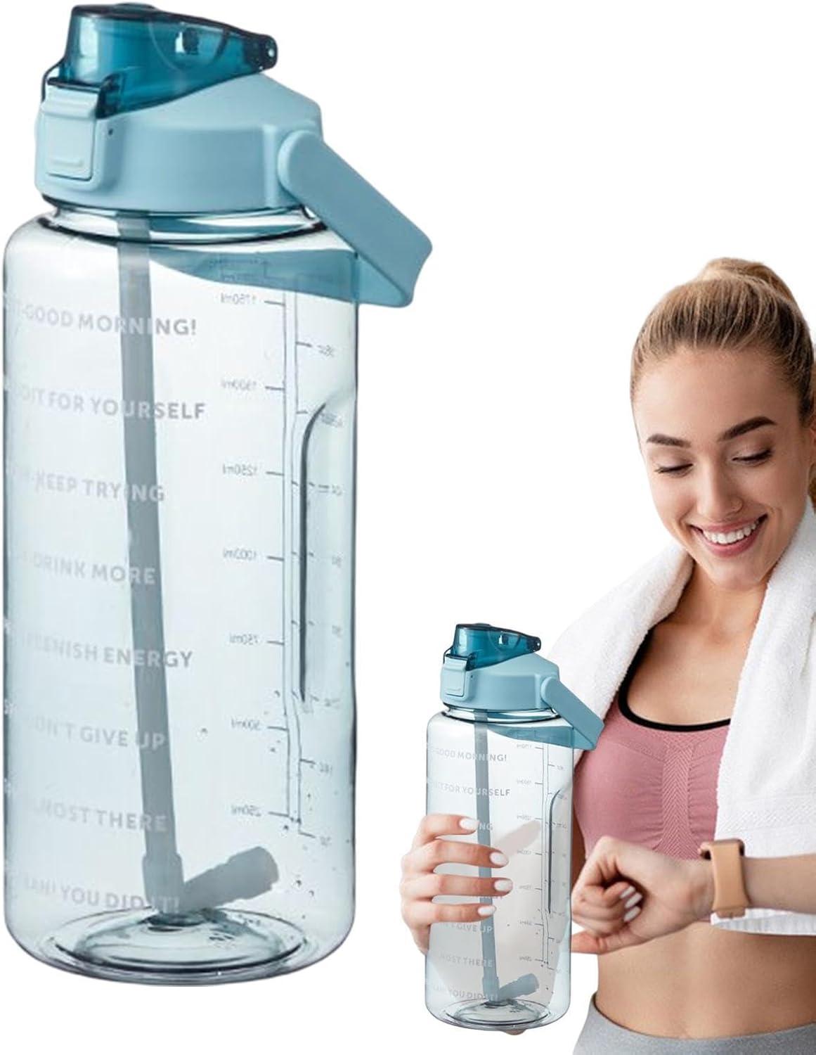 image:imageBouteille Sportive Bouteille Deau Portable en Plastique de Grande Capacit de 2 L Avec Paille et Graduation tanche Boissons Bouteille Bouteille Deau pour CoureursNoirVert