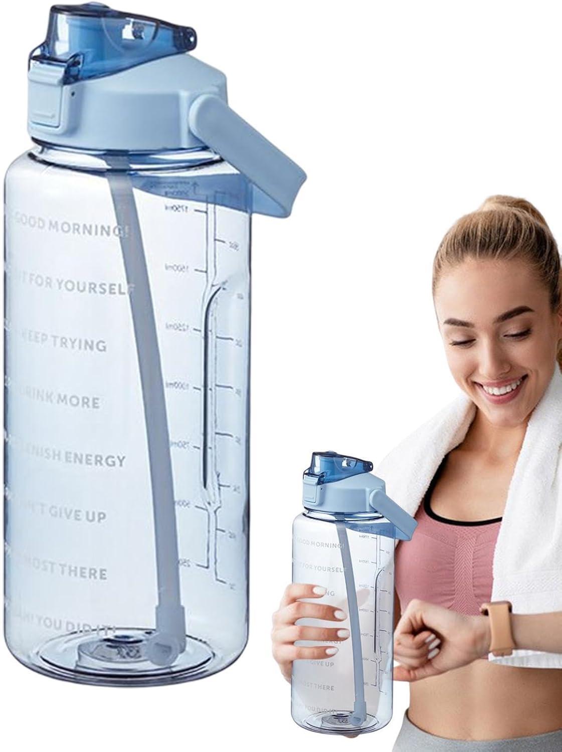 image:imageBouteille Sportive Bouteille Deau Portable en Plastique de Grande Capacit de 2 L Avec Paille et Graduation tanche Boissons Bouteille Bouteille Deau pour CoureursNoirBleu