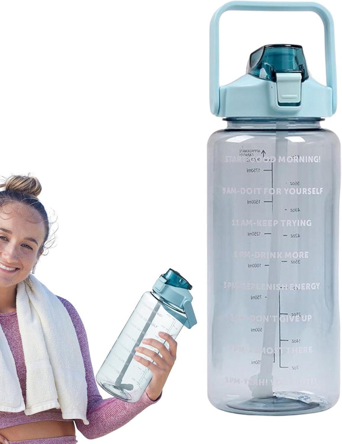 image:imageBouteille Sportive Bouteille Deau Portable en Plastique de Grande Capacit de 2 L Avec Paille et Graduation tanche Boissons Bouteille Bouteille Deau pour CoureursNoirVert