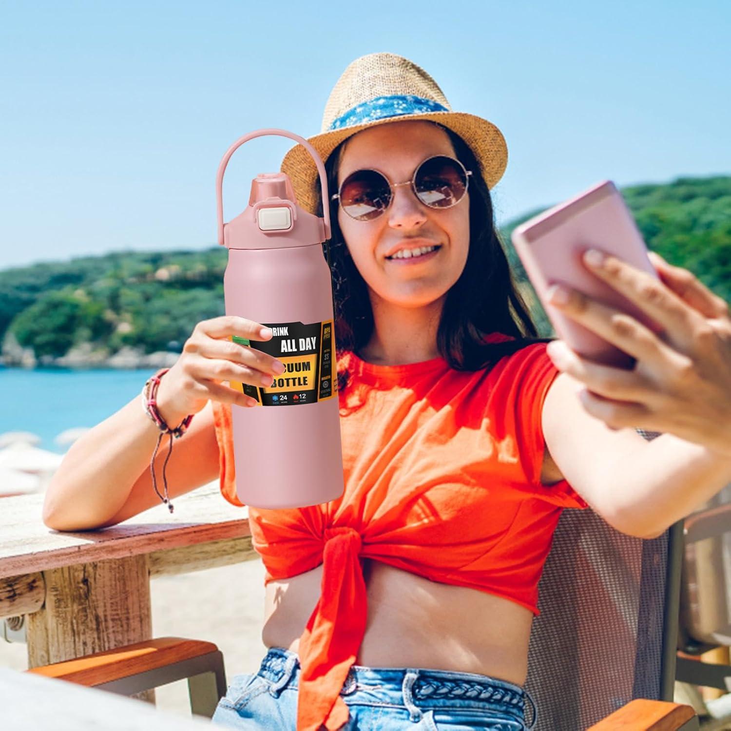image:imageGnrique Bouteille Isotherme1500ml Tasse En Acier Inoxydable Avec PailleBouteille dEau Sportive Pour Femmes Hommes cole Sports Maison Voyage Caf BoissonsRose