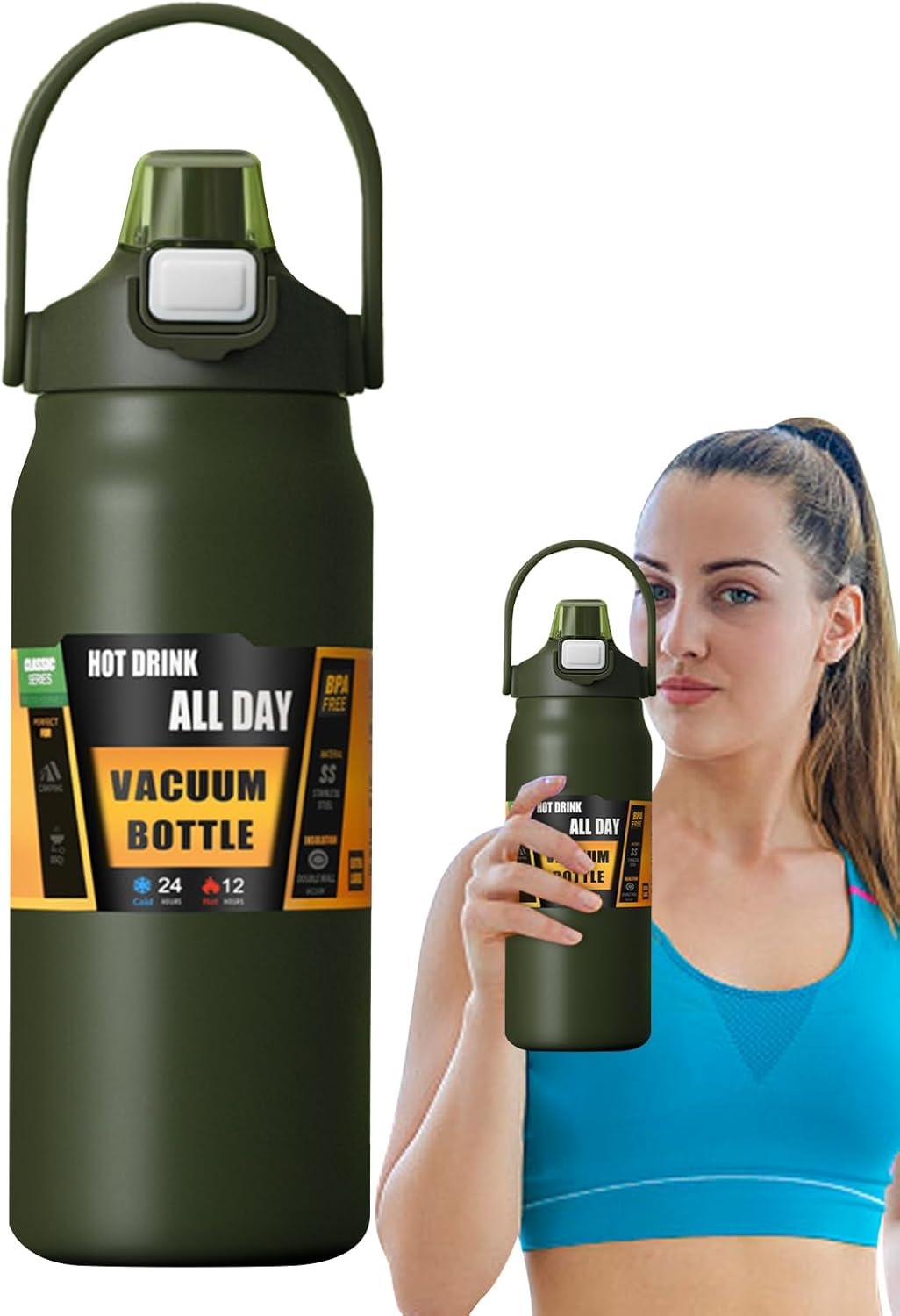 image:imageGnrique Bouteille deau1500ml Tasse Vide tanche avec PailleBouteille dEau Sportive Pour Femmes Hommes cole Sports Maison Voyage Caf BoissonsVert Arme