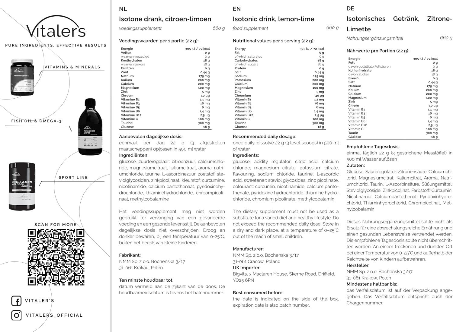 image:imageVitalers Sport Isotonique Poudre lectrolytes avec Taurine Magnsium Vitamines B 660 g 30 doses Vgan Sans Conservateurs Composition Pure 660 gr FraiseCitroncitron vert