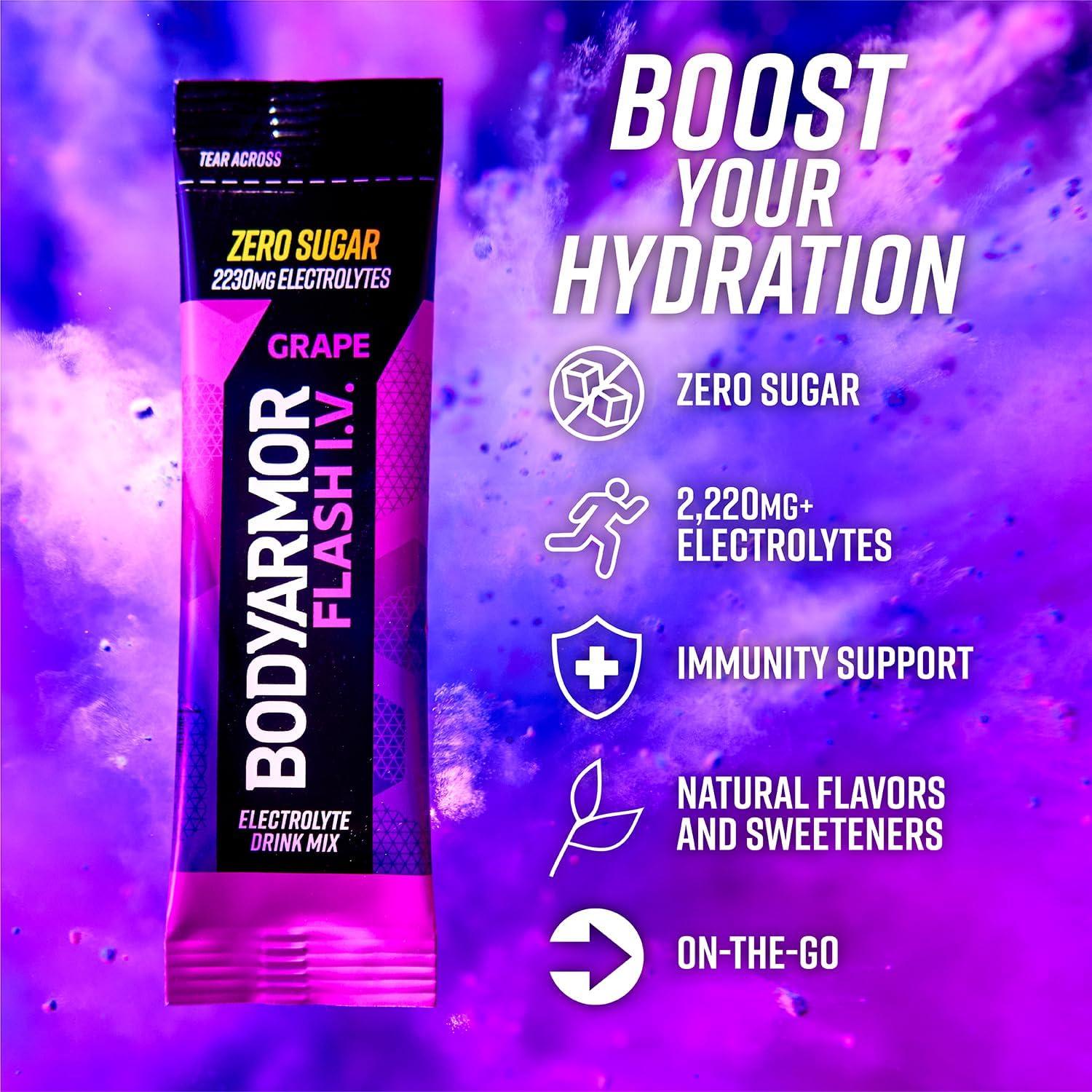image:imageBODYARMOR Flash IV Lot de 6 paquets dlectrolytes sans sucre mlange boisson sans sucre poudre deau de noix de coco hydratation pour lentranement essentiels de voyage il suffit dajouterRaisin