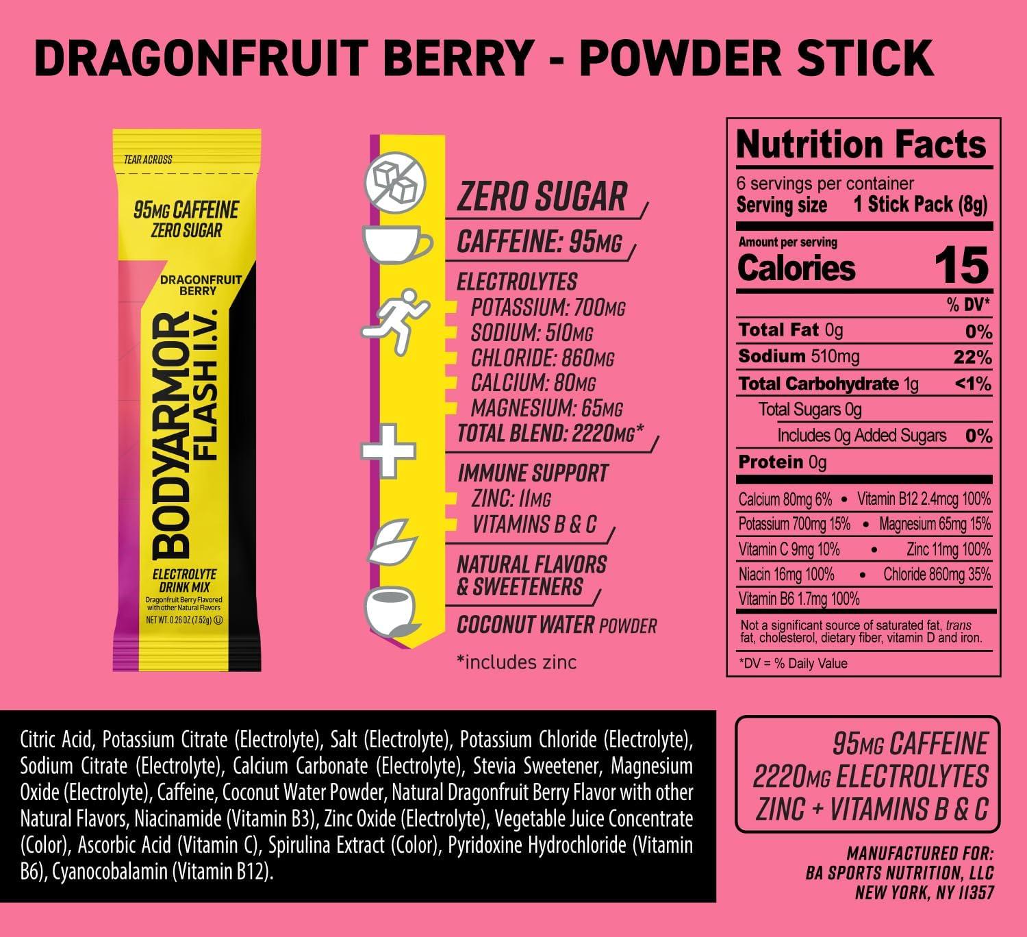 image:imageBODYARMOR Flash IV Lot de 6 paquets dlectrolytes sans sucre mlange boisson sans sucre poudre deau de noix de coco hydratation pour lentranement essentiels de voyage il suffit dajouterBaie de fruit du dragon cafine