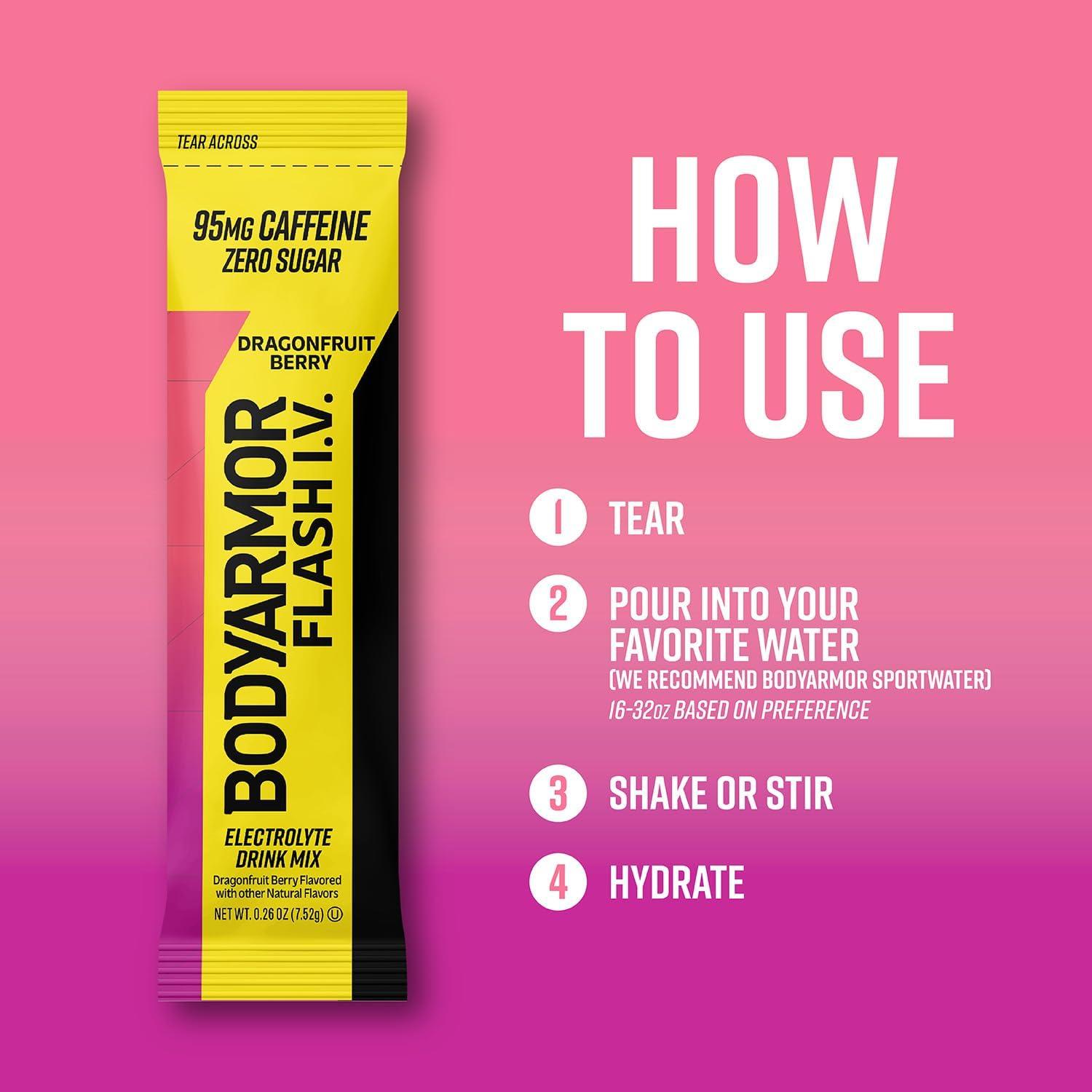 image:imageBODYARMOR Flash IV Lot de 6 paquets dlectrolytes sans sucre mlange boisson sans sucre poudre deau de noix de coco hydratation pour lentranement essentiels de voyage il suffit dajouterBaie de fruit du dragon cafine