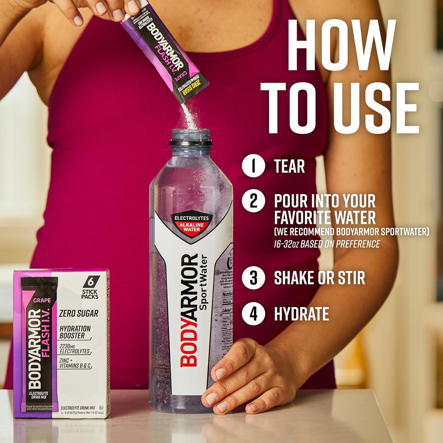 image:imageBODYARMOR Flash IV Lot de 6 paquets dlectrolytes sans sucre mlange boisson sans sucre poudre deau de noix de coco hydratation pour lentranement essentiels de voyage il suffit dajouterRaisin