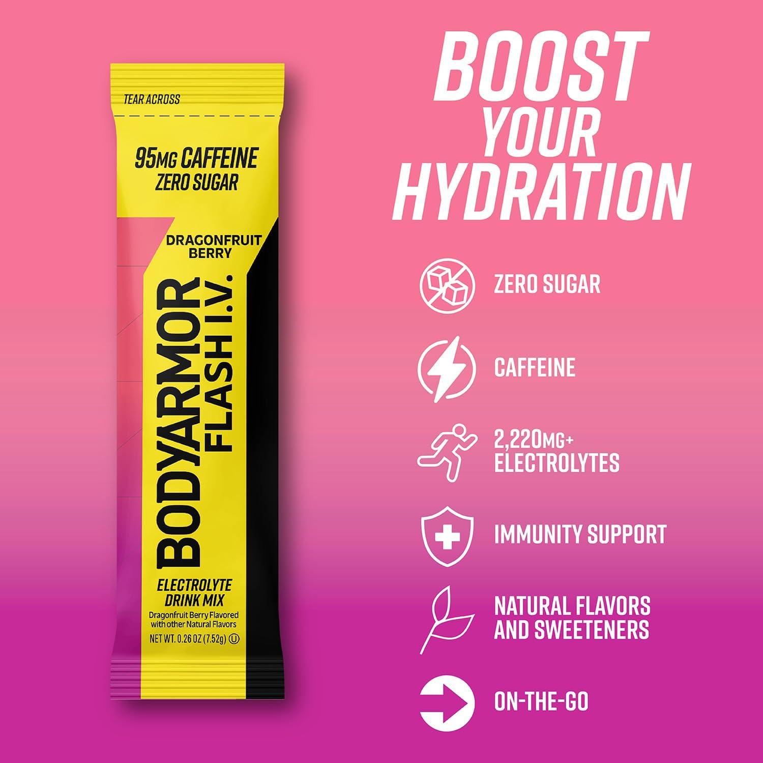 image:imageBODYARMOR Flash IV Lot de 6 paquets dlectrolytes sans sucre mlange boisson sans sucre poudre deau de noix de coco hydratation pour lentranement essentiels de voyage il suffit dajouterBaie de fruit du dragon cafine