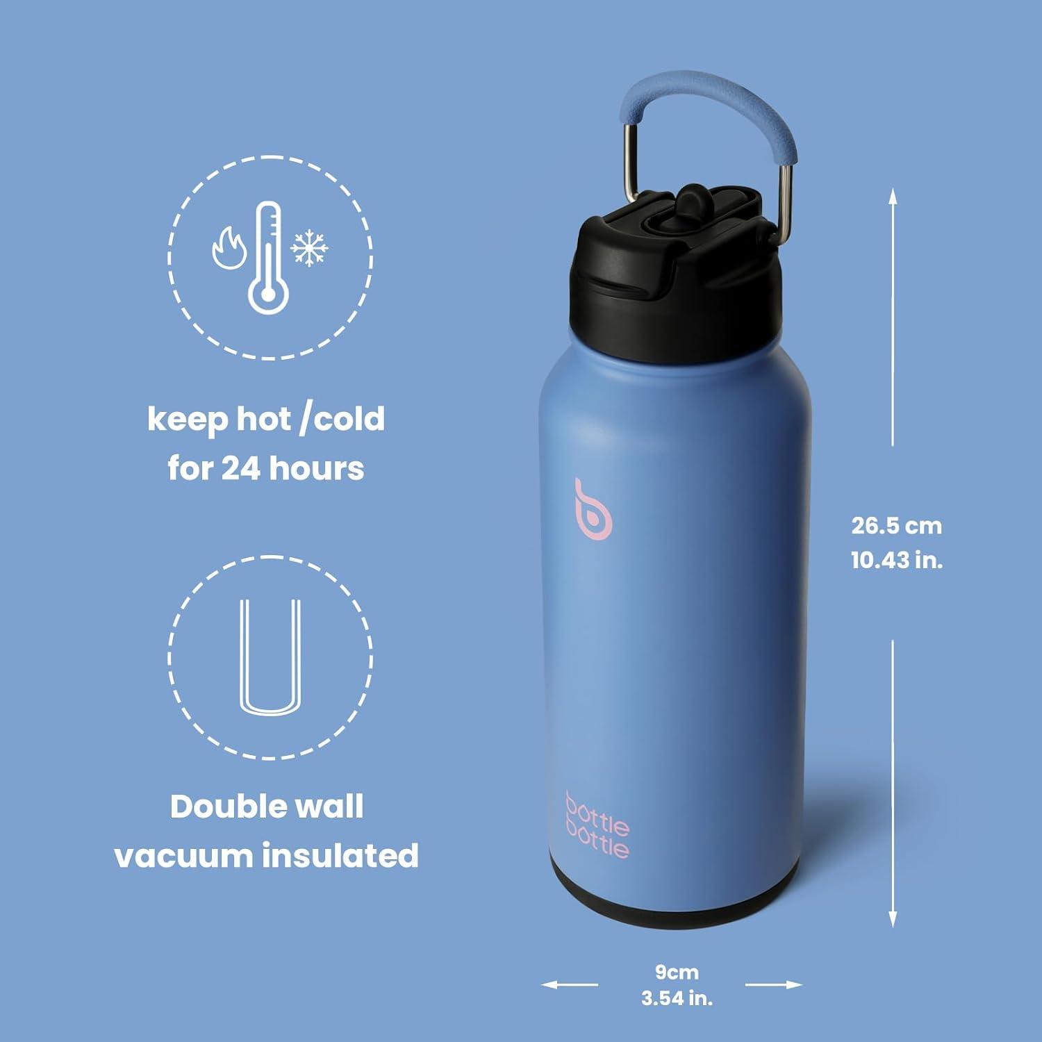 image:imageBOTTLE BOTTLE Bouteille deau isotherme en acier inoxydable de 946 ml avec paille et couvercle double usage pour salle de sport avec pilulier ciel tCiel t