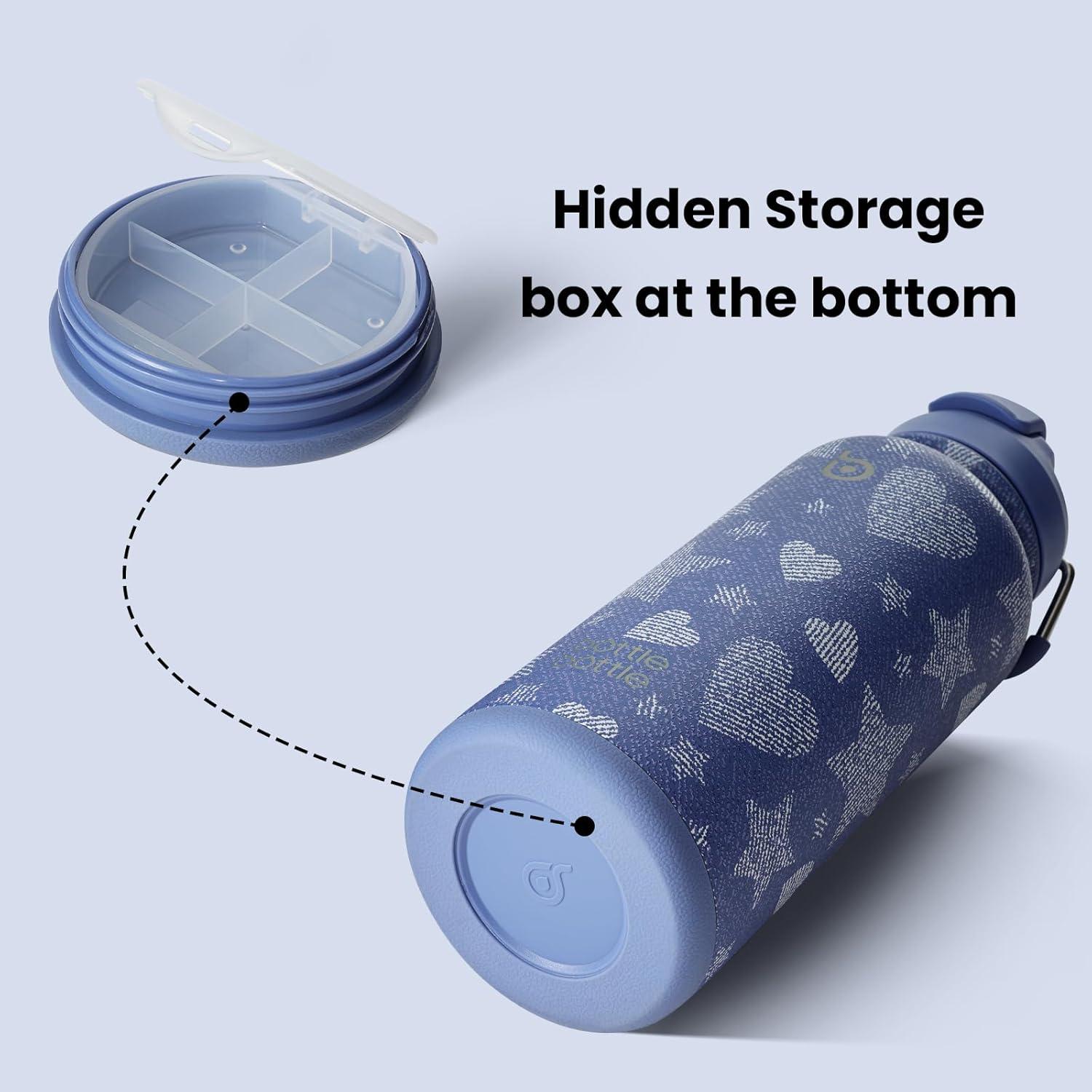 image:imageBOTTLE BOTTLE Bouteille deau isotherme en acier inoxydable de 946 ml avec paille et couvercle double usage pour salle de sport avec pilulier ciel tDenim