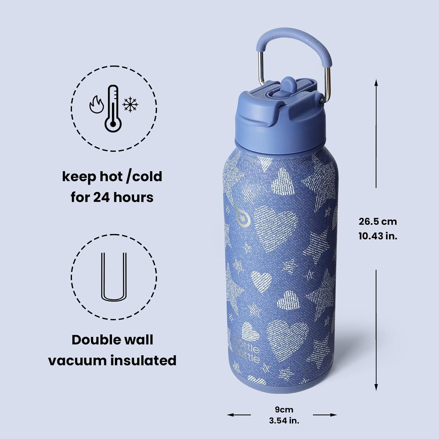 image:imageBOTTLE BOTTLE Bouteille deau isotherme en acier inoxydable de 946 ml avec paille et couvercle double usage pour salle de sport avec pilulier ciel tDenim