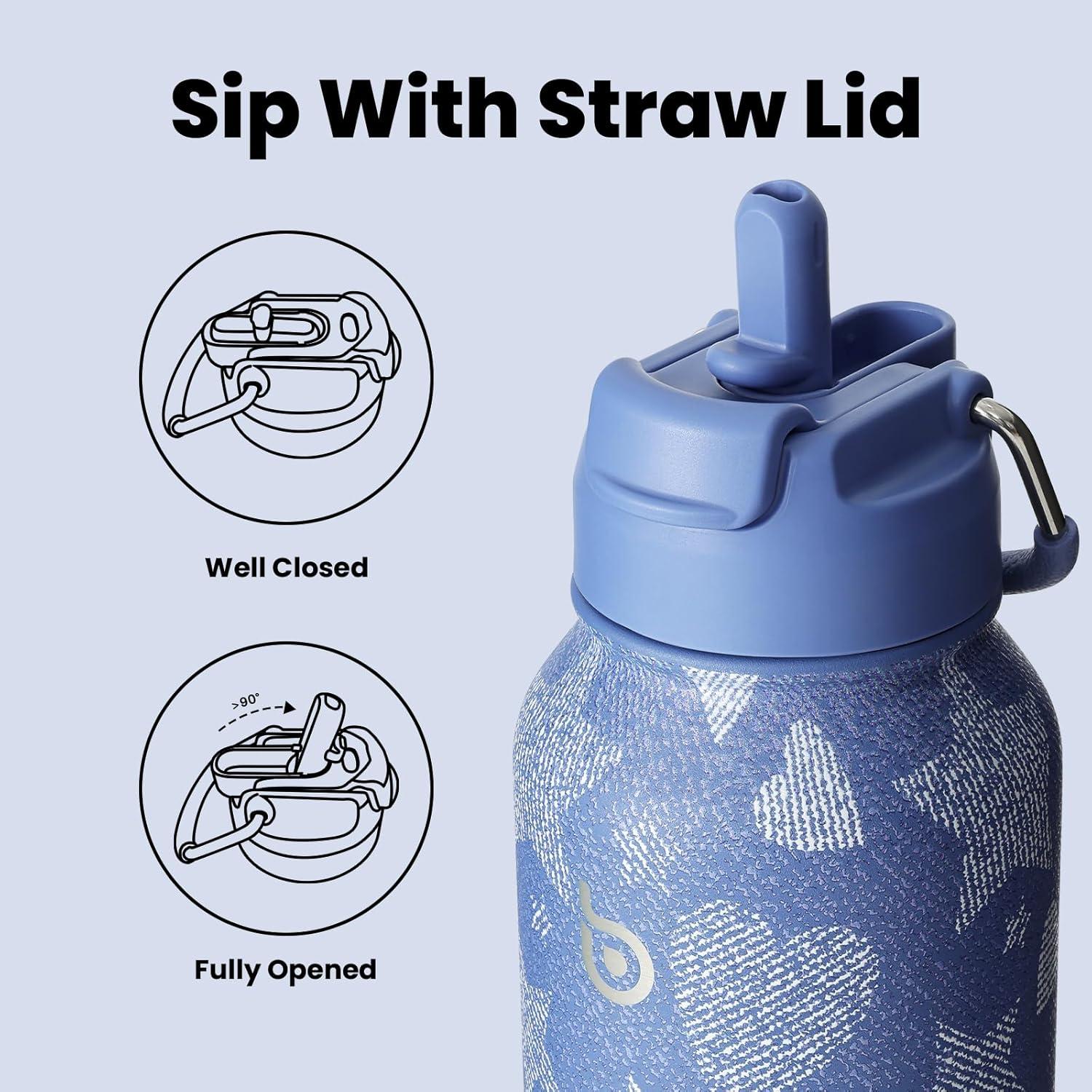 image:imageBOTTLE BOTTLE Bouteille deau isotherme en acier inoxydable de 946 ml avec paille et couvercle double usage pour salle de sport avec pilulier ciel tDenim