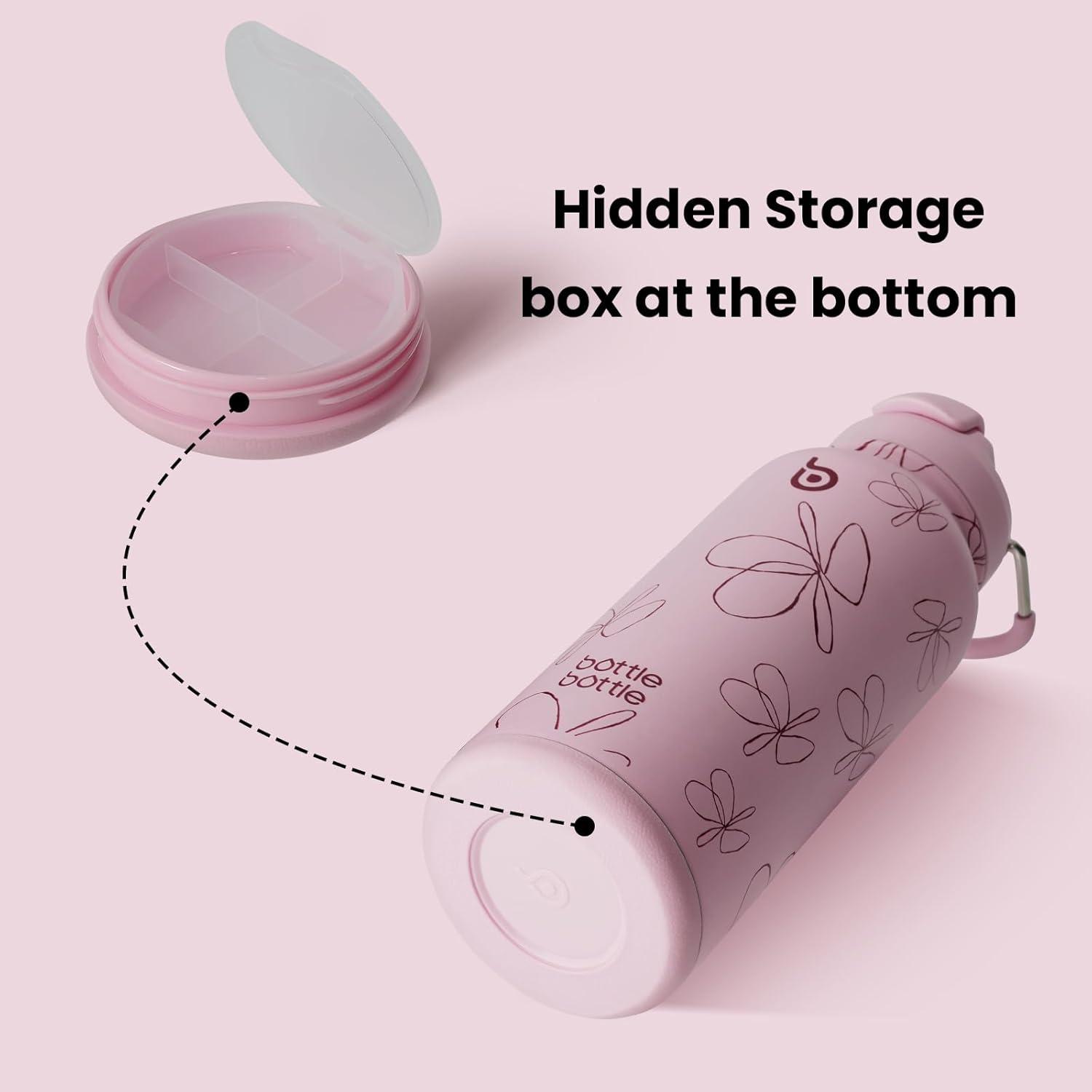 image:imageBOTTLE BOTTLE Bouteille deau isotherme en acier inoxydable de 946 ml avec paille et couvercle double usage pour salle de sport avec pilulier ciel tFleur Rose