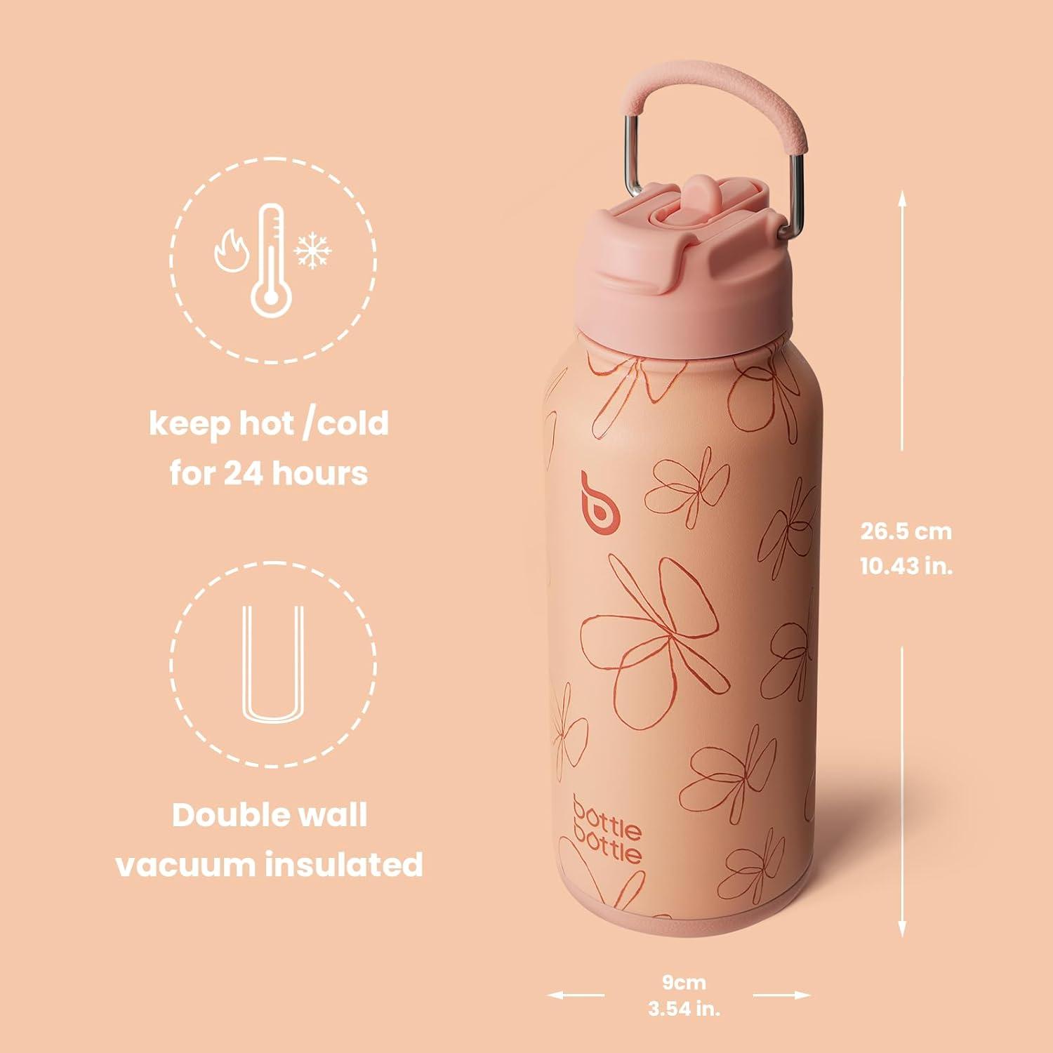 image:imageBOTTLE BOTTLE Bouteille deau isotherme en acier inoxydable de 946 ml avec paille et couvercle double usage pour salle de sport avec pilulier ciel tFleur Jaune