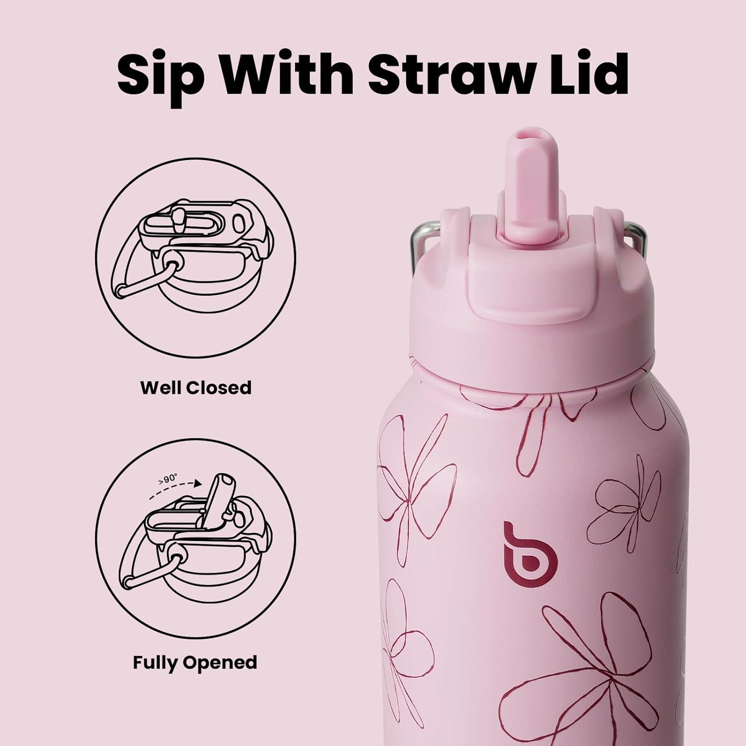 image:imageBOTTLE BOTTLE Bouteille deau isotherme en acier inoxydable de 946 ml avec paille et couvercle double usage pour salle de sport avec pilulier ciel tFleur Rose