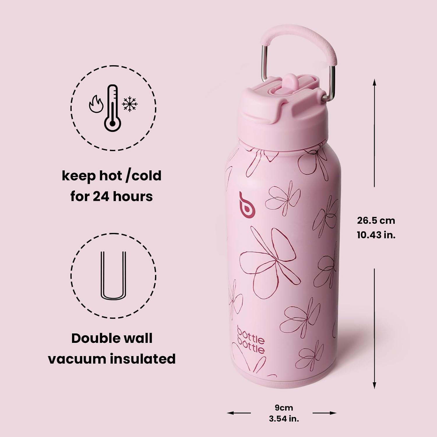 image:imageBOTTLE BOTTLE Bouteille deau isotherme en acier inoxydable de 946 ml avec paille et couvercle double usage pour salle de sport avec pilulier ciel tFleur Rose