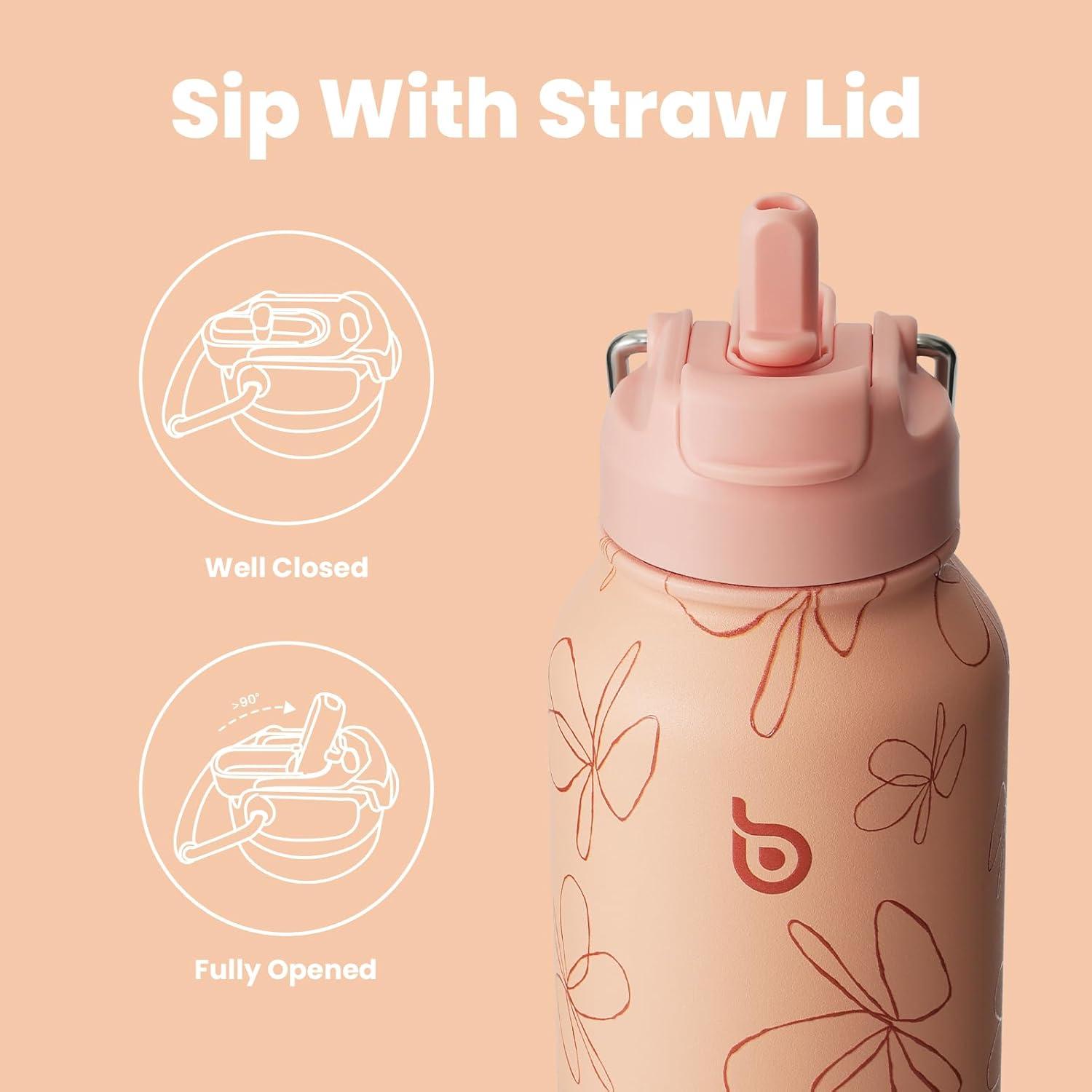 image:imageBOTTLE BOTTLE Bouteille deau isotherme en acier inoxydable de 946 ml avec paille et couvercle double usage pour salle de sport avec pilulier ciel tFleur Jaune