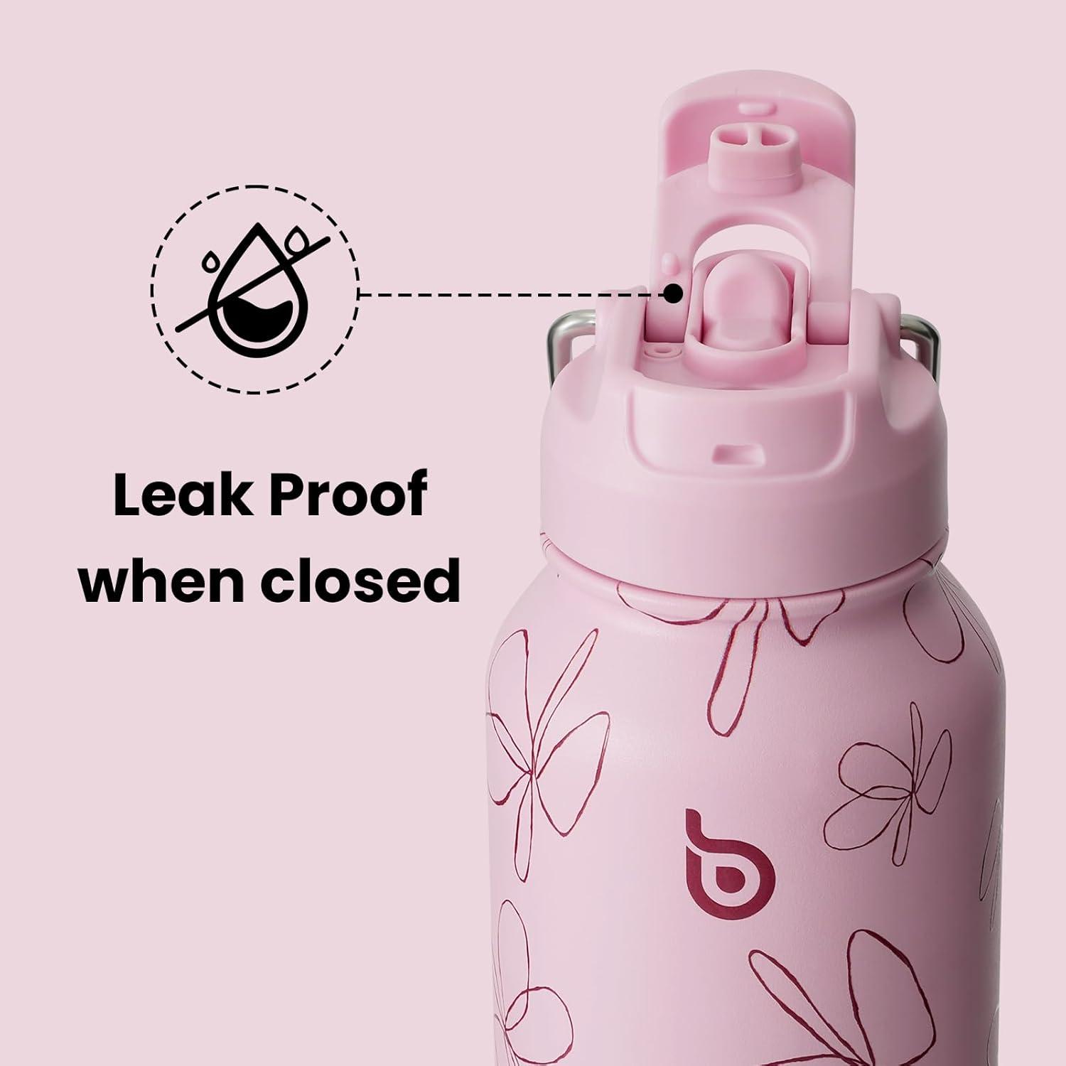 image:imageBOTTLE BOTTLE Bouteille deau isotherme en acier inoxydable de 946 ml avec paille et couvercle double usage pour salle de sport avec pilulier ciel tFleur Rose