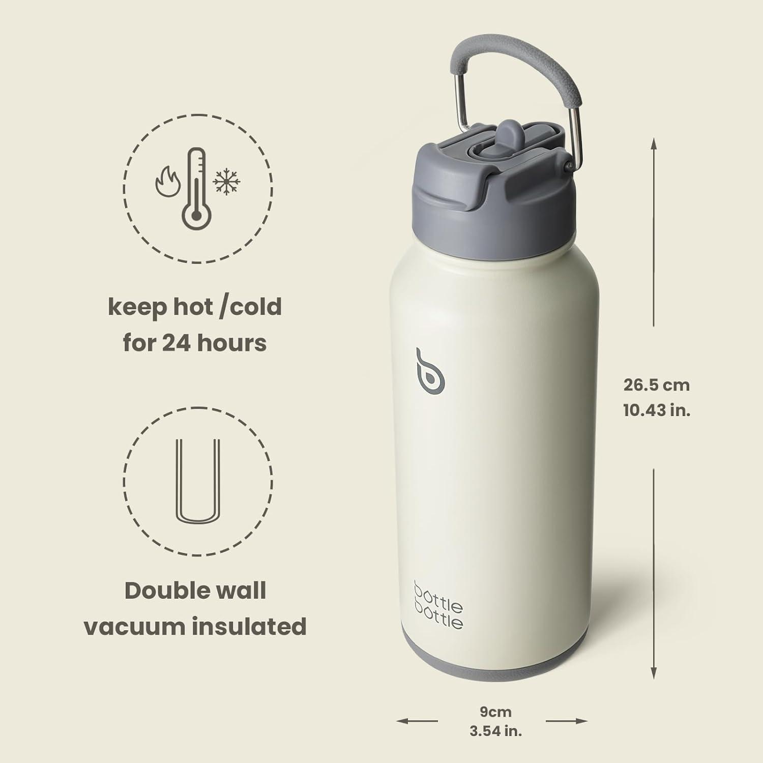 image:imageBOTTLE BOTTLE Bouteille deau isotherme en acier inoxydable de 946 ml avec paille et couvercle double usage pour salle de sport avec pilulier ciel tGris