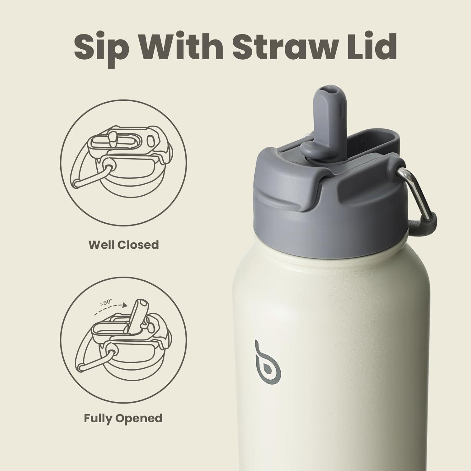 image:imageBOTTLE BOTTLE Bouteille deau isotherme en acier inoxydable de 946 ml avec paille et couvercle double usage pour salle de sport avec pilulier ciel tGris