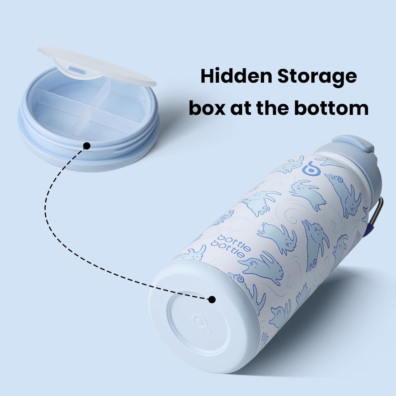 image:imageBOTTLE BOTTLE Bouteille deau isotherme en acier inoxydable de 946 ml avec paille et couvercle double usage pour salle de sport avec pilulier ciel tLapins