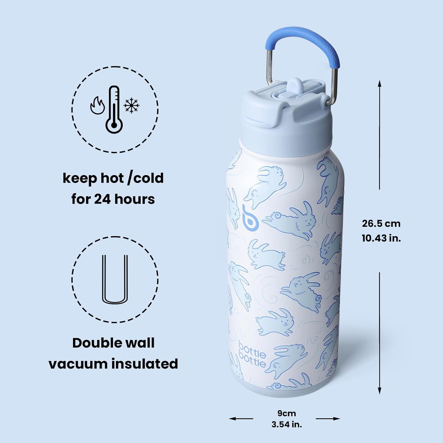 image:imageBOTTLE BOTTLE Bouteille deau isotherme en acier inoxydable de 946 ml avec paille et couvercle double usage pour salle de sport avec pilulier ciel tLapins