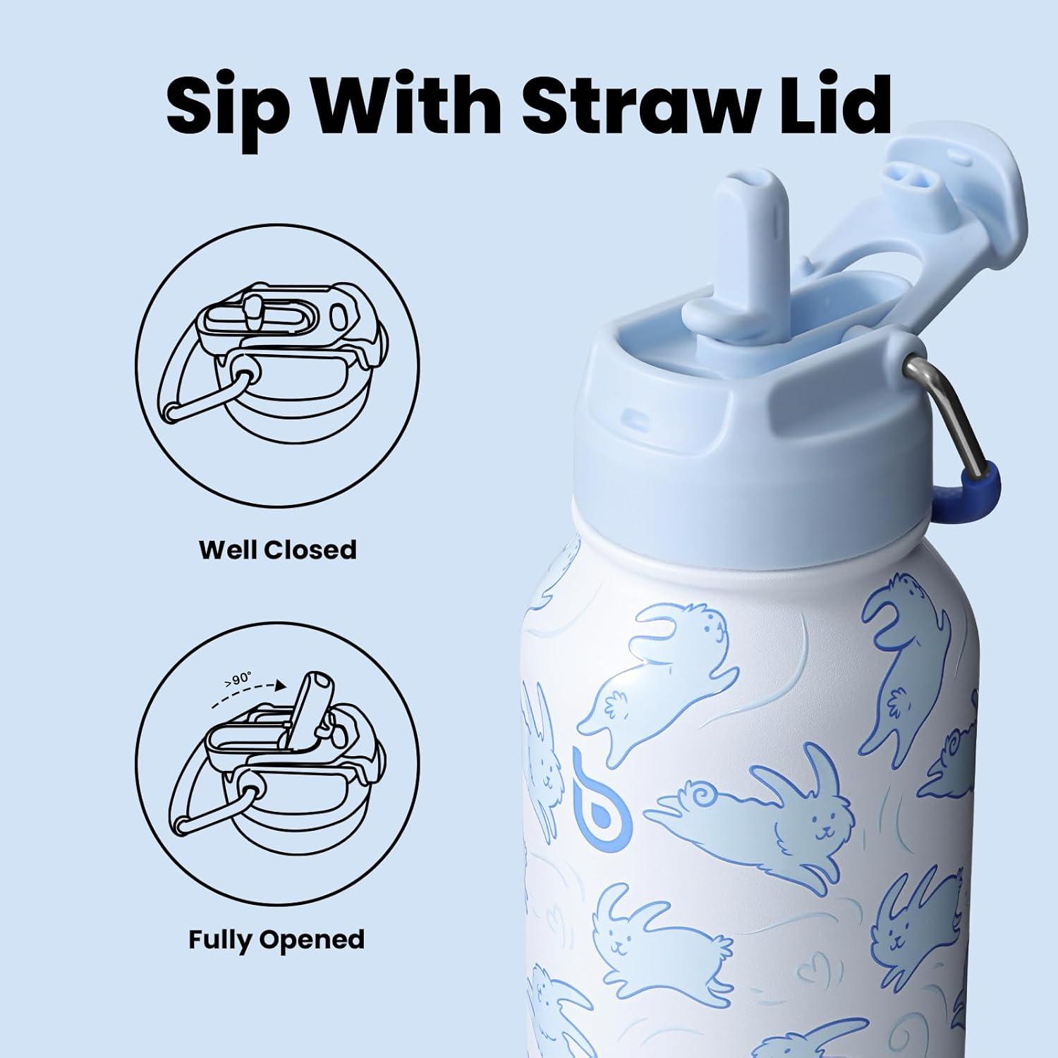 image:imageBOTTLE BOTTLE Bouteille deau isotherme en acier inoxydable de 946 ml avec paille et couvercle double usage pour salle de sport avec pilulier ciel tLapins