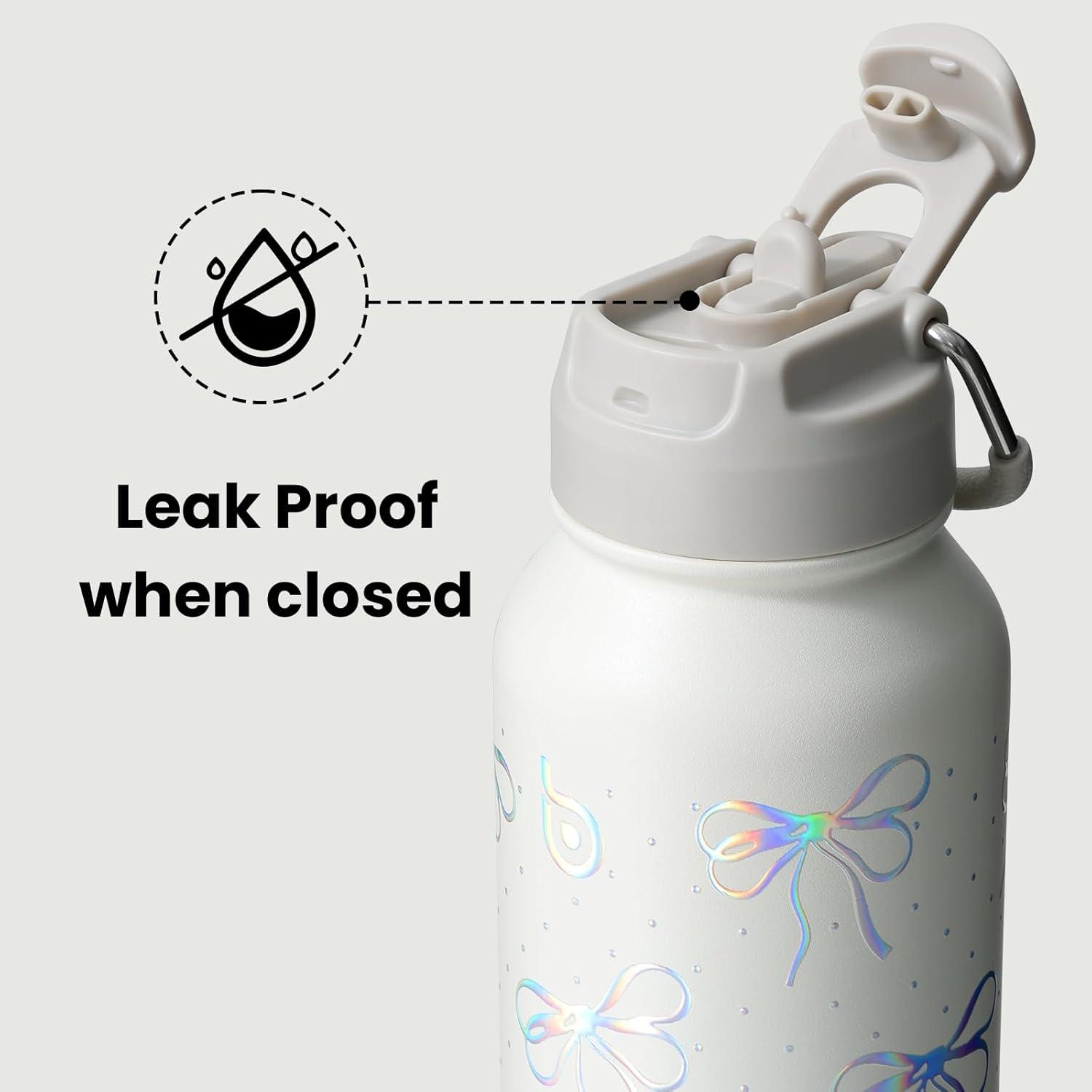 image:imageBOTTLE BOTTLE Bouteille deau isotherme en acier inoxydable de 946 ml avec paille et couvercle double usage pour salle de sport avec pilulier ciel tNud Paillettes