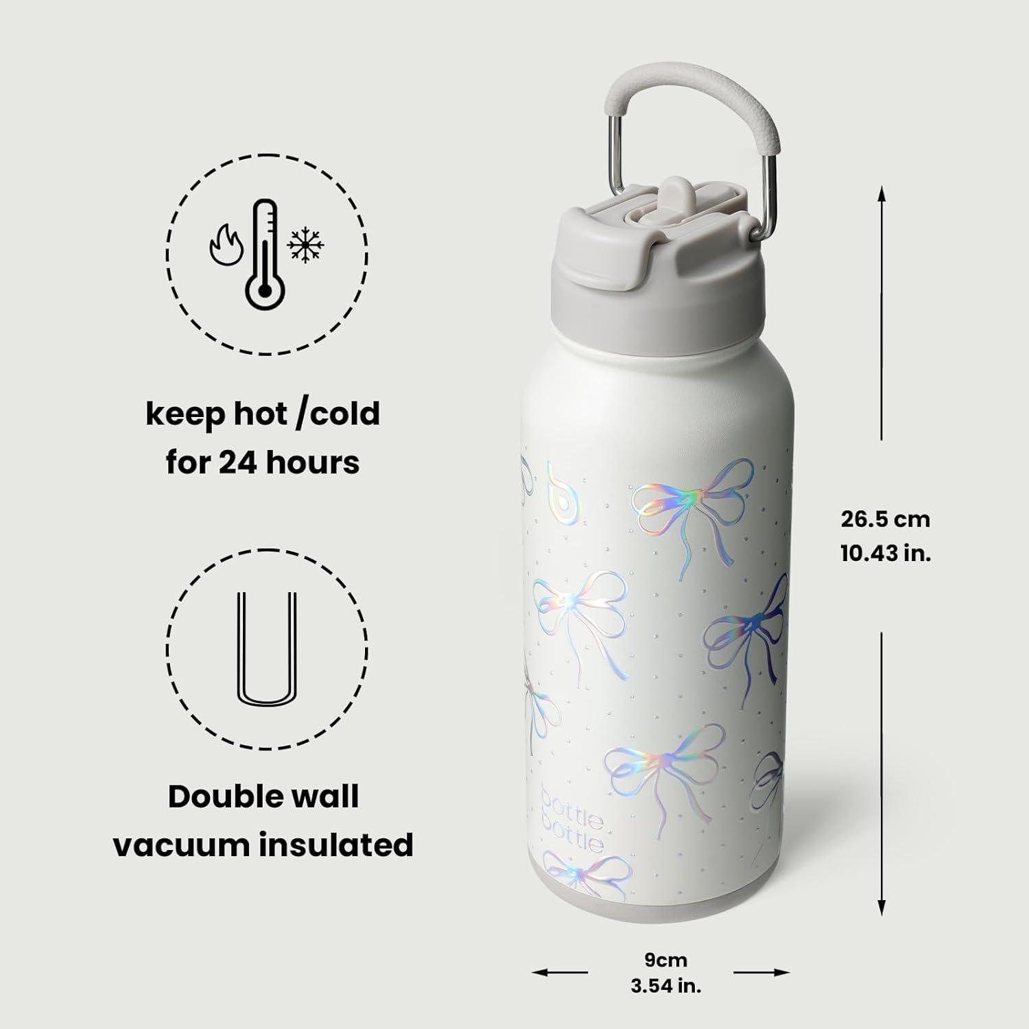 image:imageBOTTLE BOTTLE Bouteille deau isotherme en acier inoxydable de 946 ml avec paille et couvercle double usage pour salle de sport avec pilulier ciel tNud Paillettes