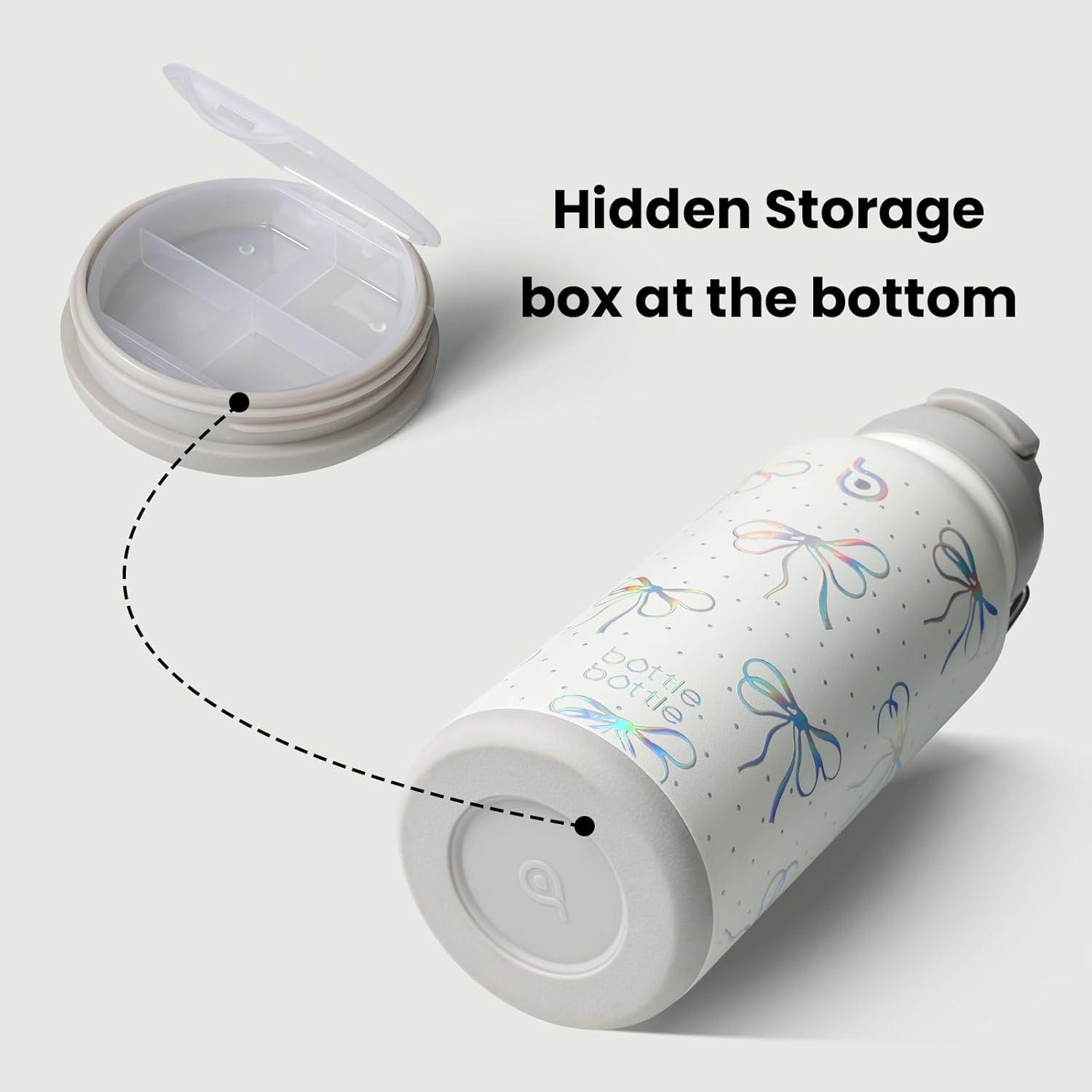 image:imageBOTTLE BOTTLE Bouteille deau isotherme en acier inoxydable de 946 ml avec paille et couvercle double usage pour salle de sport avec pilulier ciel tNud Paillettes