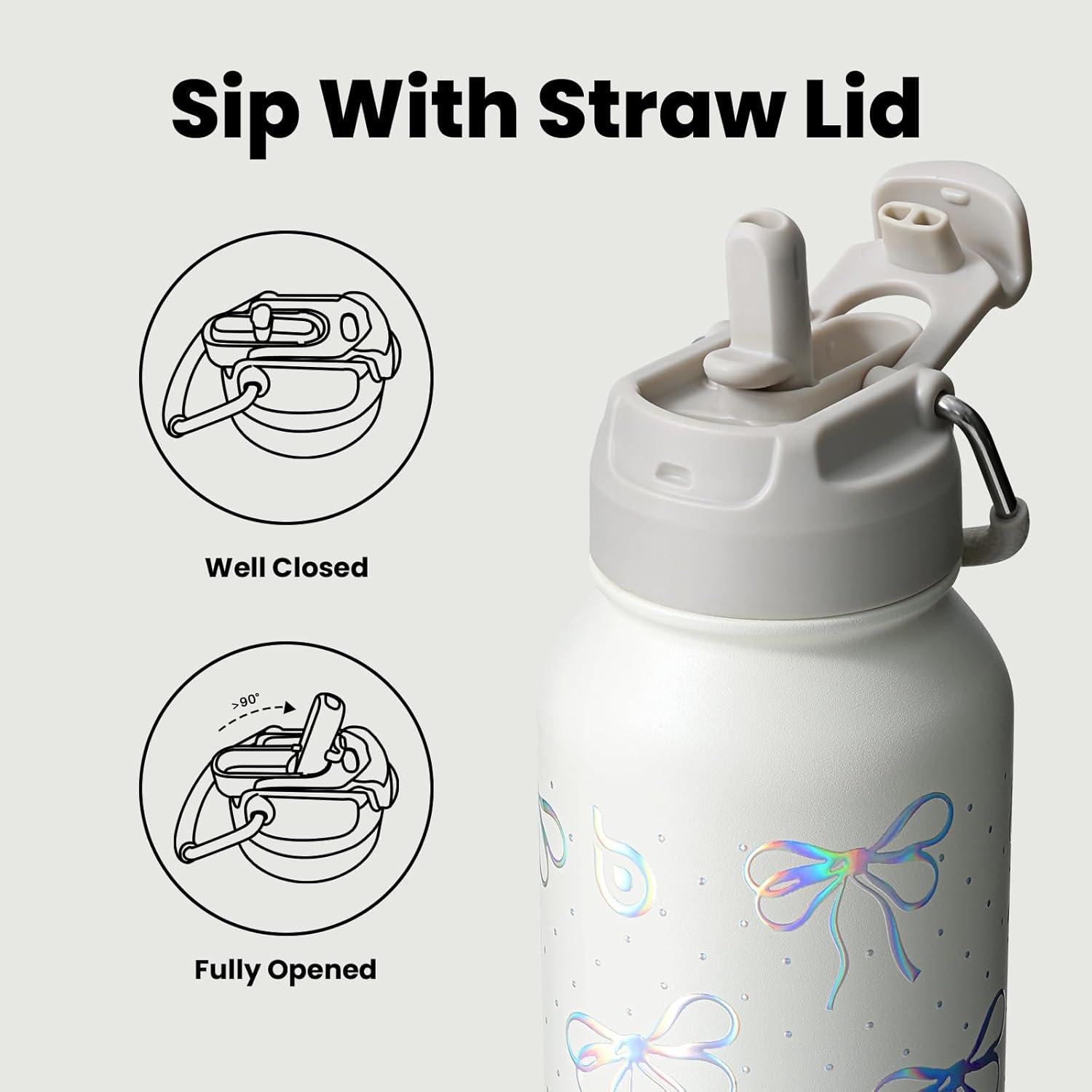 image:imageBOTTLE BOTTLE Bouteille deau isotherme en acier inoxydable de 946 ml avec paille et couvercle double usage pour salle de sport avec pilulier ciel tNud Paillettes