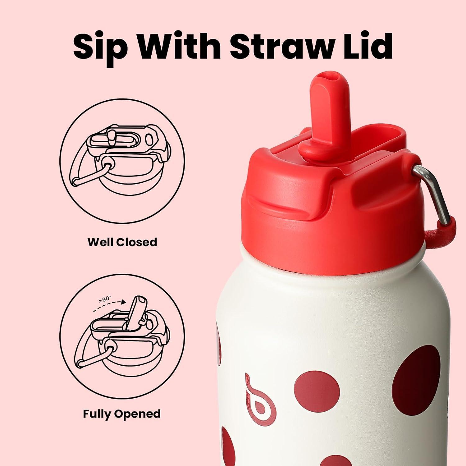 image:imageBOTTLE BOTTLE Bouteille deau isotherme en acier inoxydable de 946 ml avec paille et couvercle double usage pour salle de sport avec pilulier ciel tPolka Pop