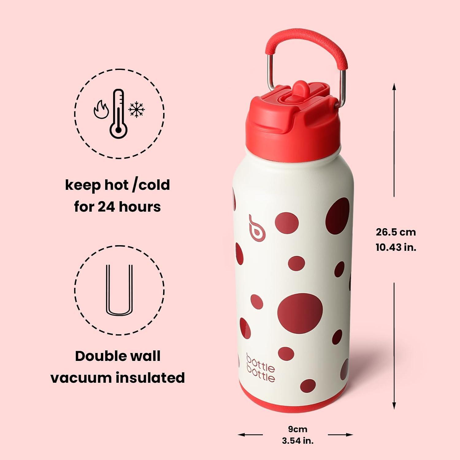 image:imageBOTTLE BOTTLE Bouteille deau isotherme en acier inoxydable de 946 ml avec paille et couvercle double usage pour salle de sport avec pilulier ciel tPolka Pop