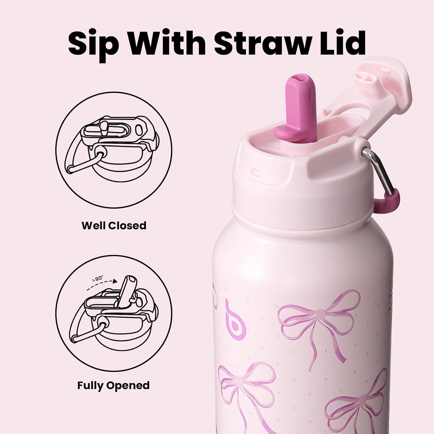 image:imageBOTTLE BOTTLE Bouteille deau isotherme en acier inoxydable de 946 ml avec paille et couvercle double usage pour salle de sport avec pilulier ciel tRose