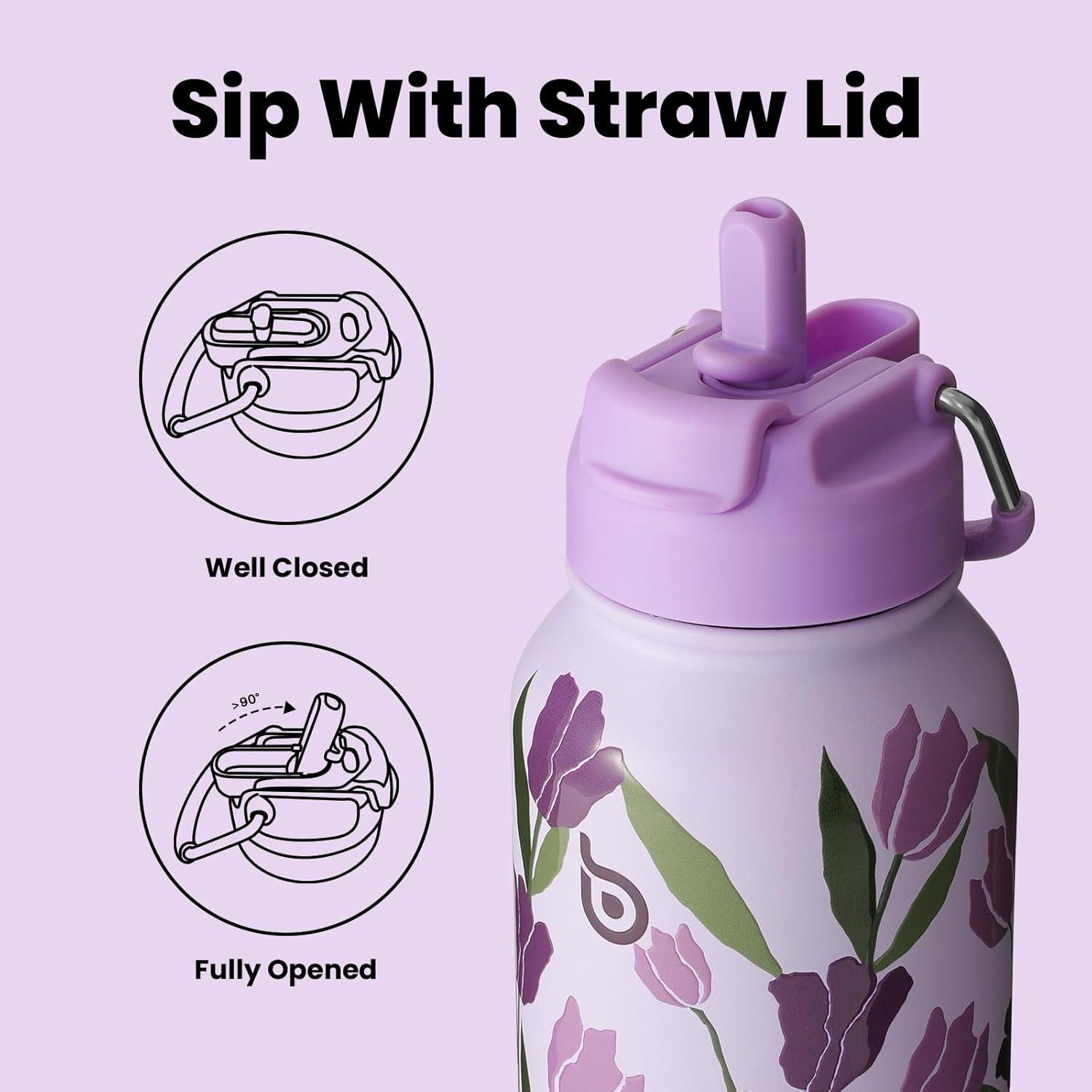 image:imageBOTTLE BOTTLE Bouteille deau isotherme en acier inoxydable de 946 ml avec paille et couvercle double usage pour salle de sport avec pilulier ciel tTulipes Violettes