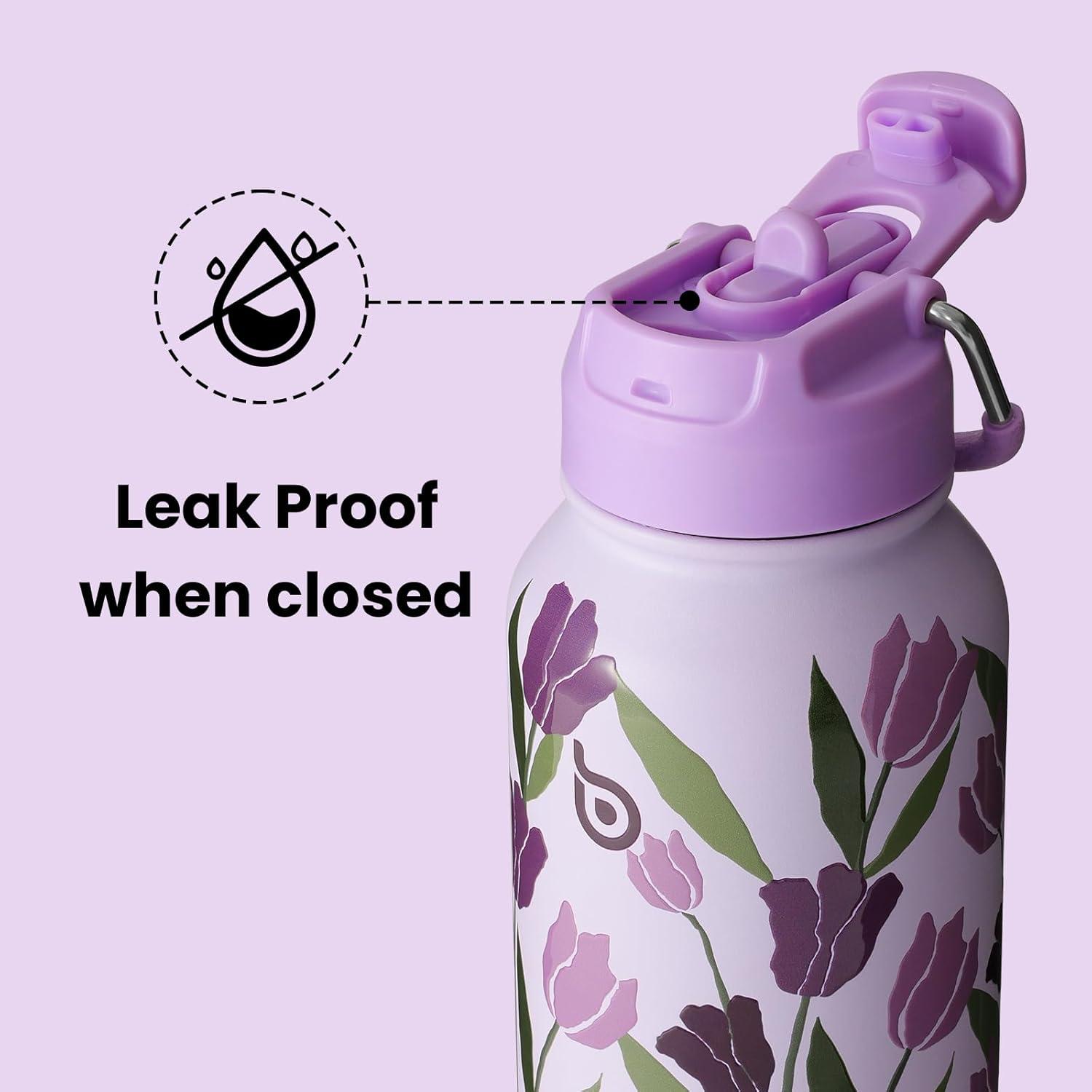 image:imageBOTTLE BOTTLE Bouteille deau isotherme en acier inoxydable de 946 ml avec paille et couvercle double usage pour salle de sport avec pilulier ciel tTulipes Violettes