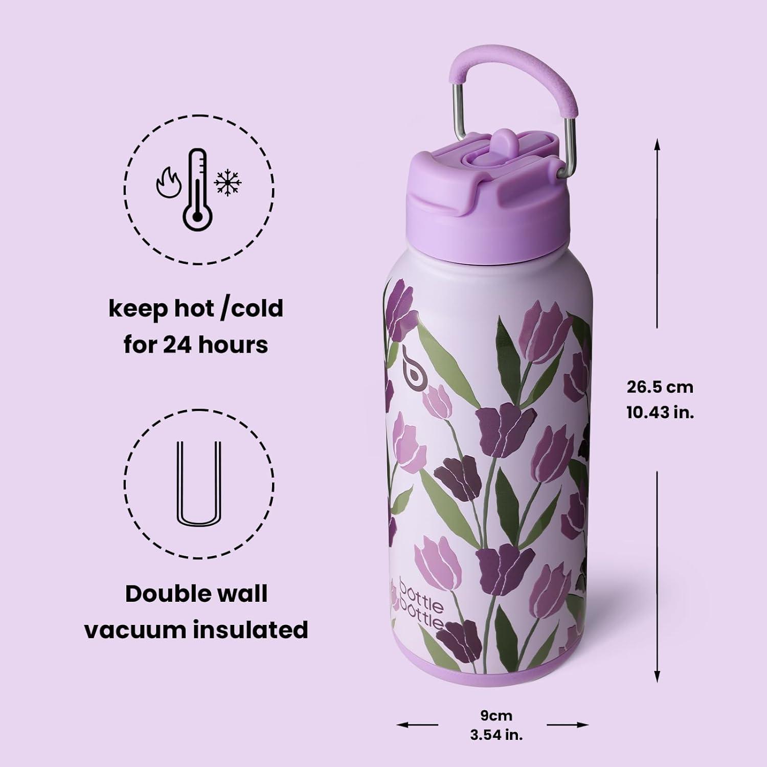 image:imageBOTTLE BOTTLE Bouteille deau isotherme en acier inoxydable de 946 ml avec paille et couvercle double usage pour salle de sport avec pilulier ciel tTulipes Violettes