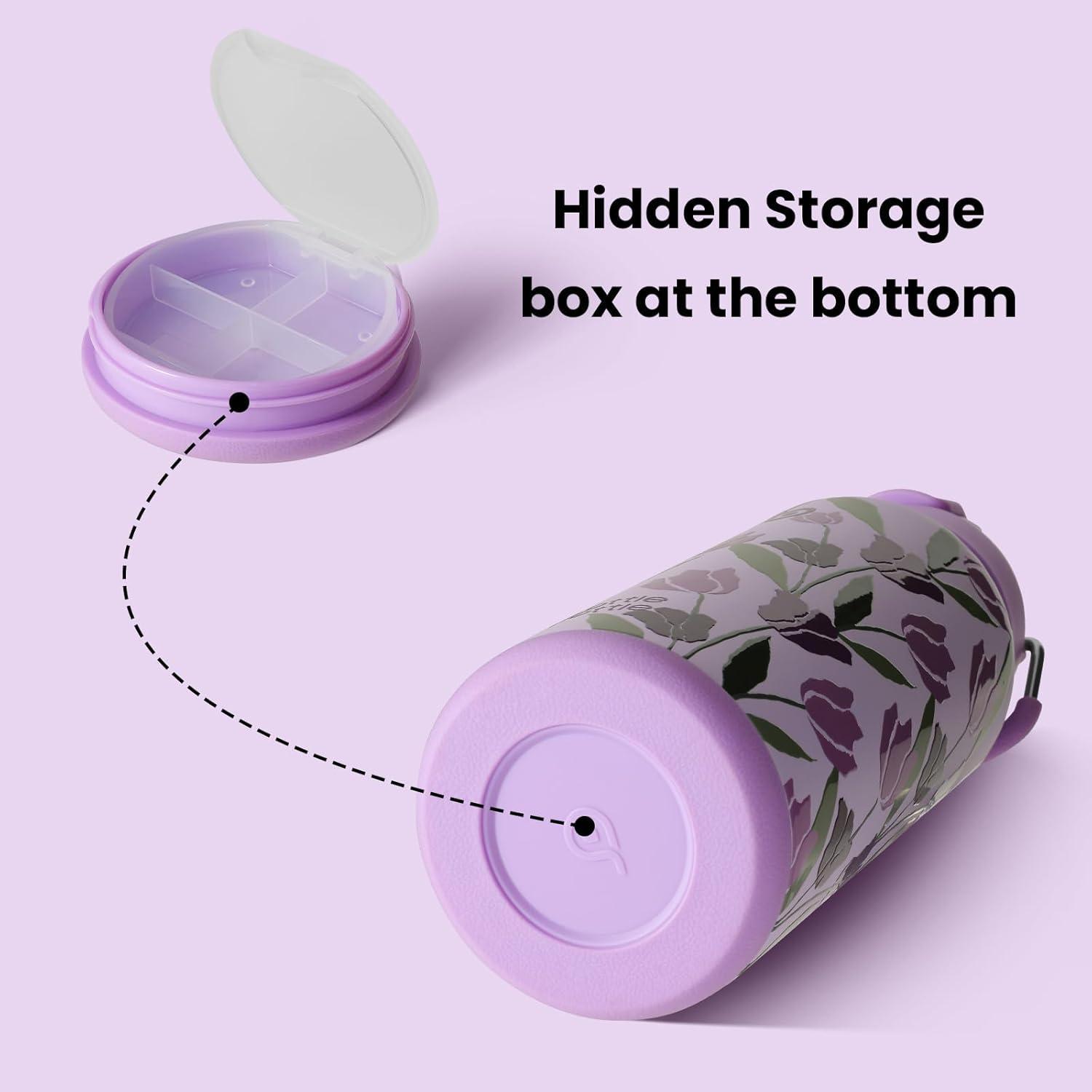 image:imageBOTTLE BOTTLE Bouteille deau isotherme en acier inoxydable de 946 ml avec paille et couvercle double usage pour salle de sport avec pilulier ciel tTulipes Violettes