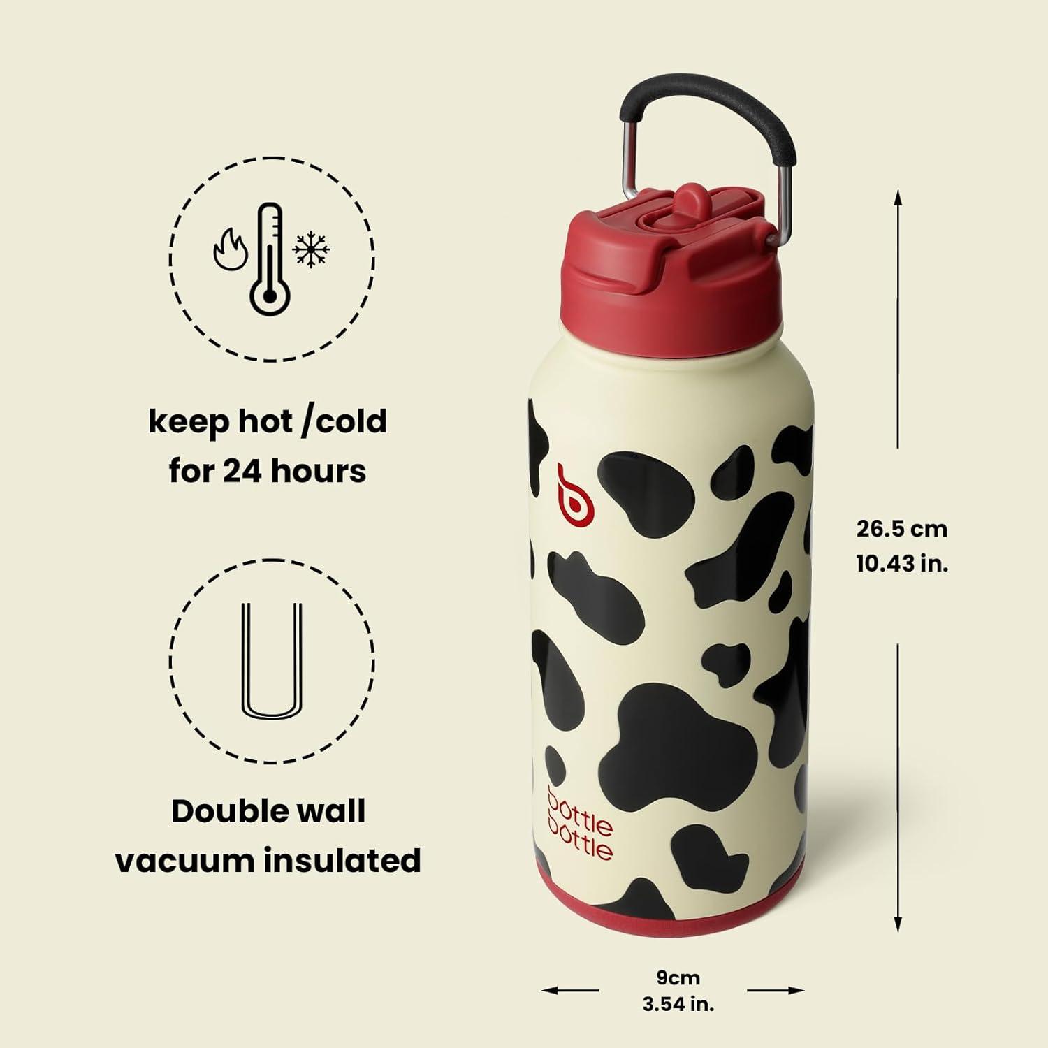 image:imageBOTTLE BOTTLE Bouteille deau isotherme en acier inoxydable de 946 ml avec paille et couvercle double usage pour salle de sport avec pilulier ciel tVache