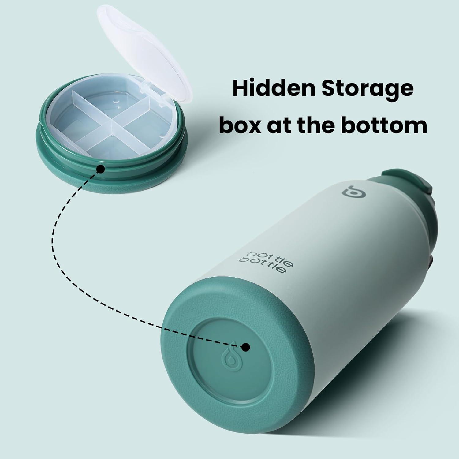 image:imageBOTTLE BOTTLE Bouteille deau isotherme en acier inoxydable de 946 ml avec paille et couvercle double usage pour salle de sport avec pilulier ciel tVert