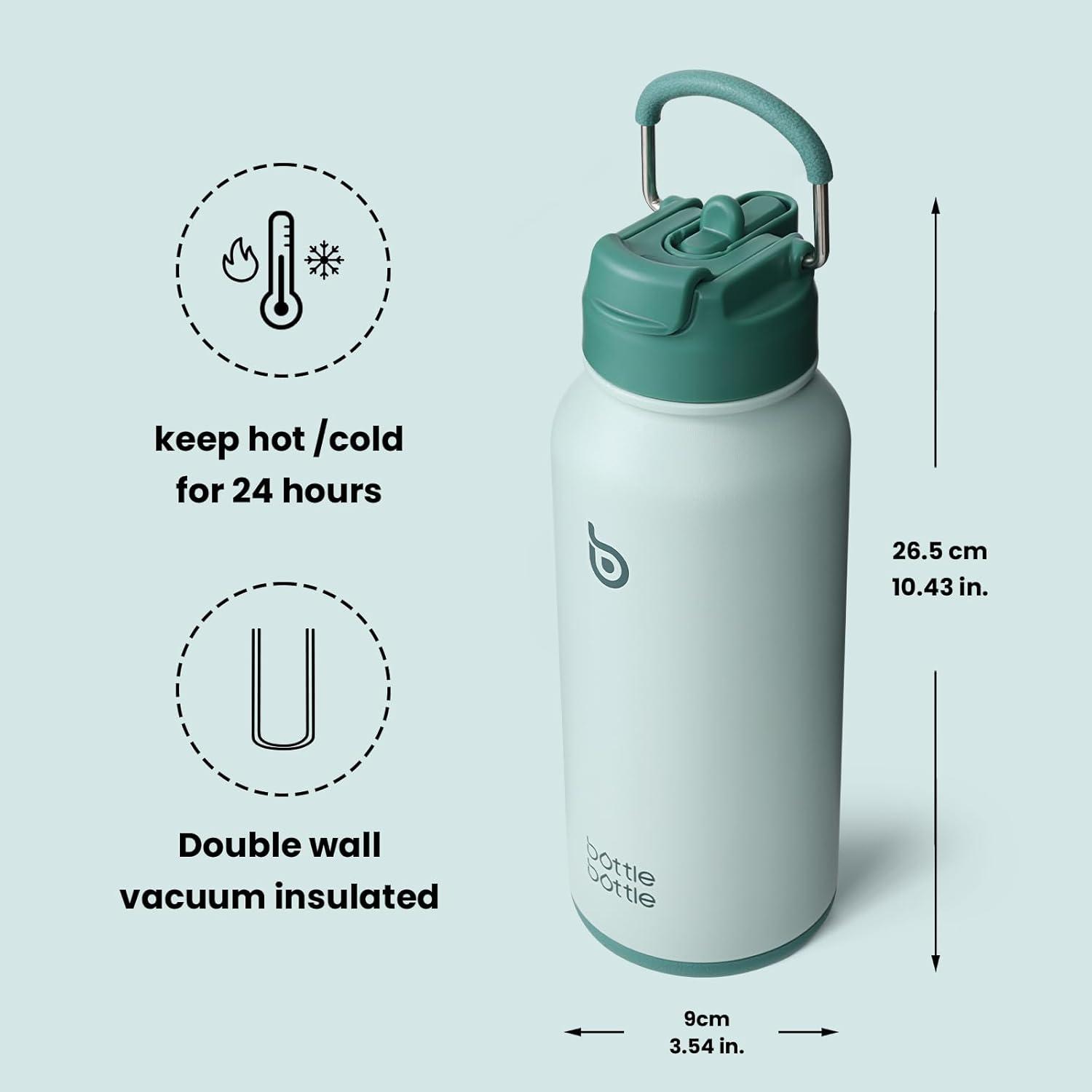 image:imageBOTTLE BOTTLE Bouteille deau isotherme en acier inoxydable de 946 ml avec paille et couvercle double usage pour salle de sport avec pilulier ciel tVert