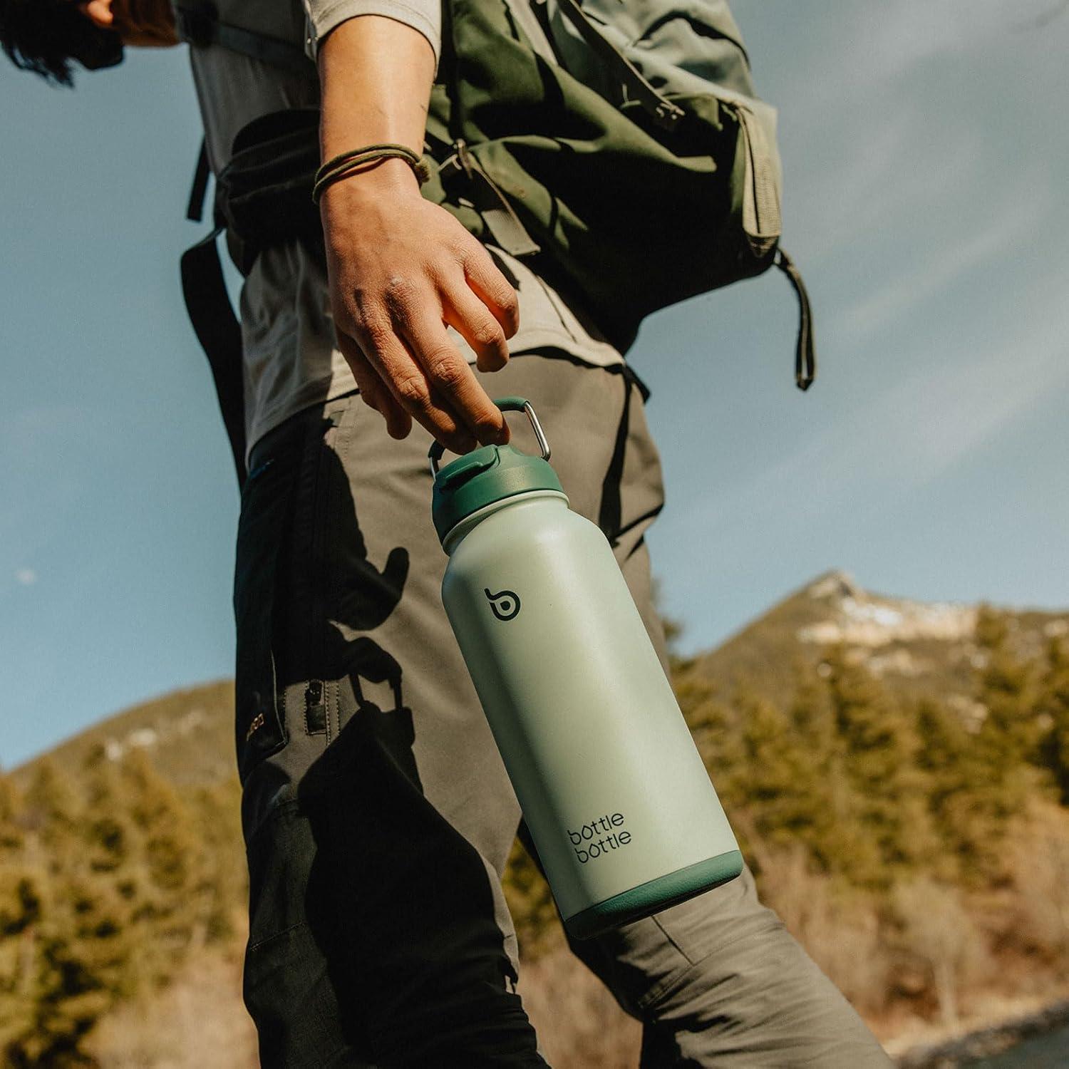 image:imageBOTTLE BOTTLE Bouteille deau isotherme en acier inoxydable de 946 ml avec paille et couvercle double usage pour salle de sport avec pilulier ciel tVert