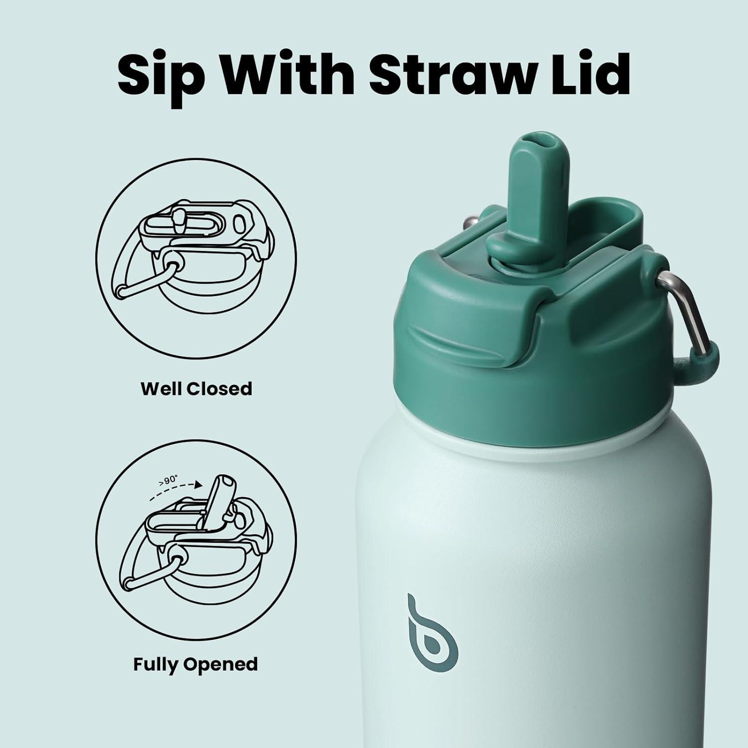 image:imageBOTTLE BOTTLE Bouteille deau isotherme en acier inoxydable de 946 ml avec paille et couvercle double usage pour salle de sport avec pilulier ciel tVert
