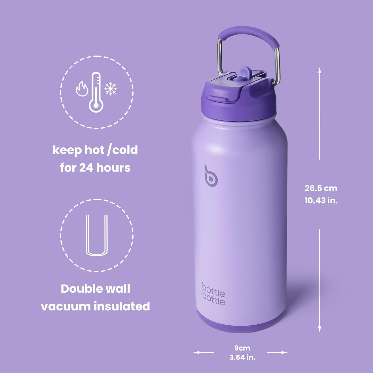 image:imageBOTTLE BOTTLE Bouteille deau isotherme en acier inoxydable de 946 ml avec paille et couvercle double usage pour salle de sport avec pilulier ciel tViolet
