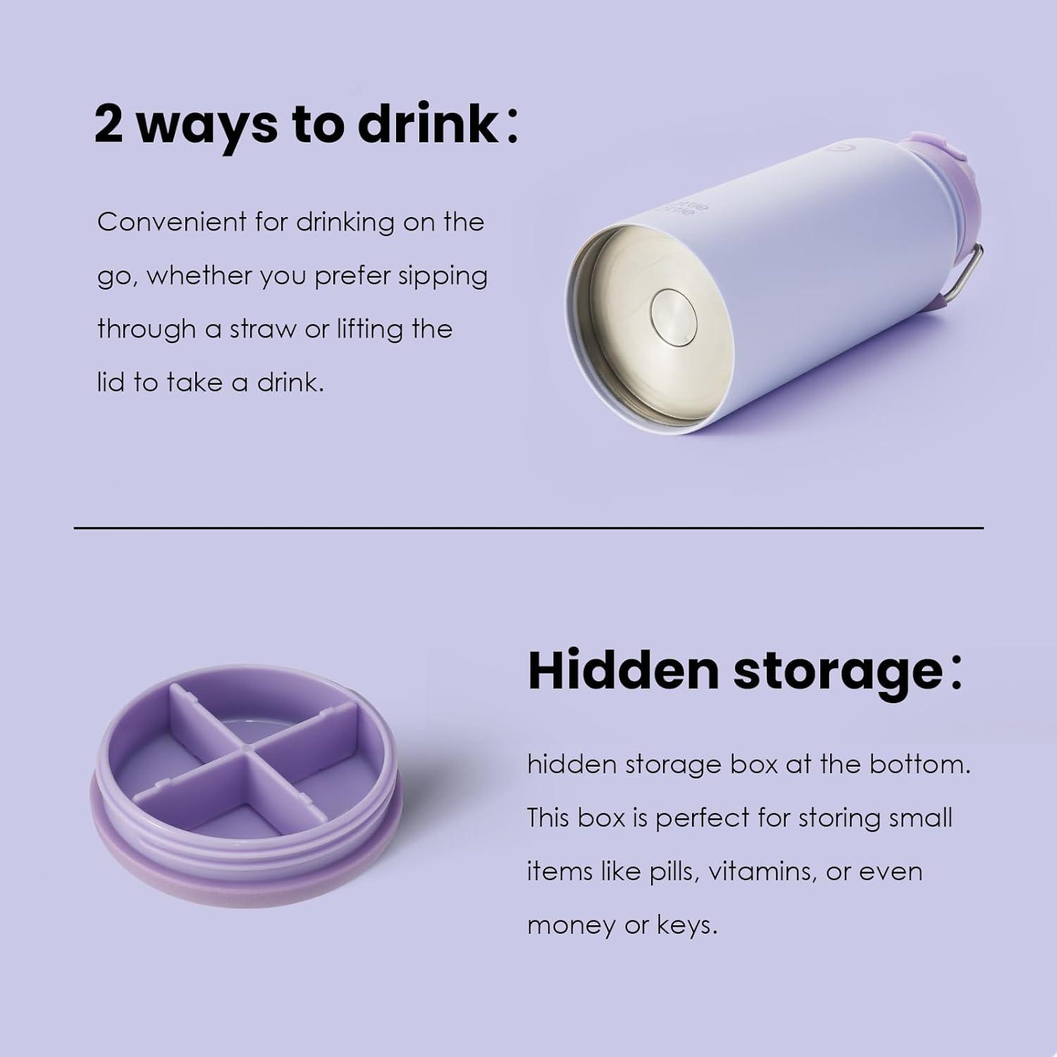 image:imageBOTTLE BOTTLE Bouteille deau isotherme en acier inoxydable de 946 ml avec paille et couvercle double usage pour salle de sport avec pilulier ciel tViolet Clair