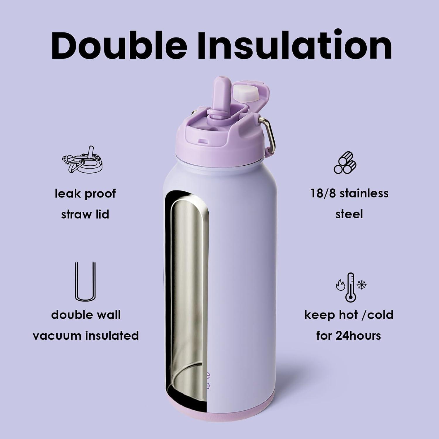 image:imageBOTTLE BOTTLE Bouteille deau isotherme en acier inoxydable de 946 ml avec paille et couvercle double usage pour salle de sport avec pilulier ciel tViolet Clair