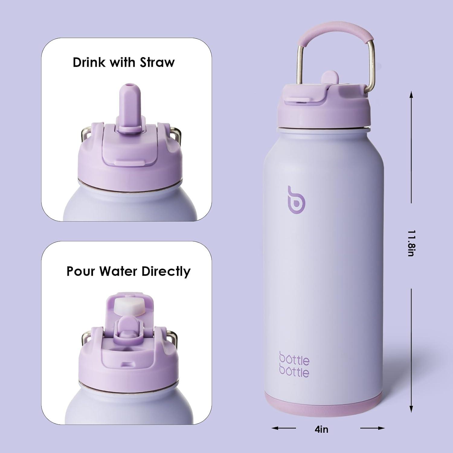 image:imageBOTTLE BOTTLE Bouteille deau isotherme en acier inoxydable de 946 ml avec paille et couvercle double usage pour salle de sport avec pilulier ciel tViolet Clair