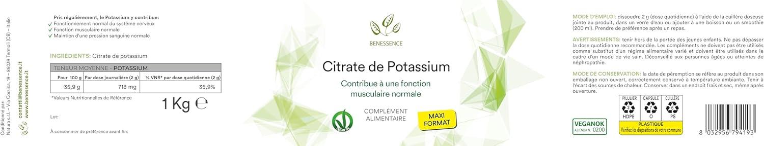 image:imageBenessence Citrate Potassium en poudre soluble Intgrateur Alimentaire 250 jours dintgration 500 gr1000 g