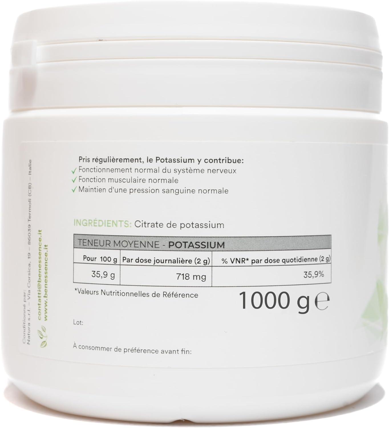 image:imageBenessence Citrate Potassium en poudre soluble Intgrateur Alimentaire 250 jours dintgration 500 gr1000 g